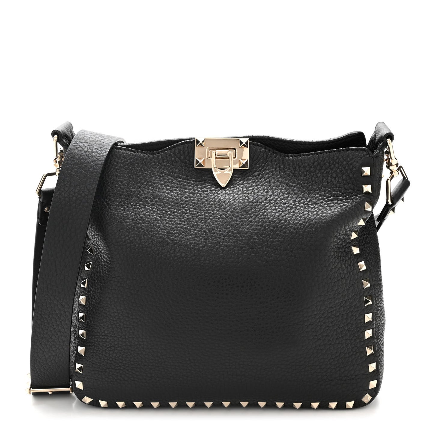 Pebbled Calfskin Small Rockstud Flip-Lock Messenger Bag Black