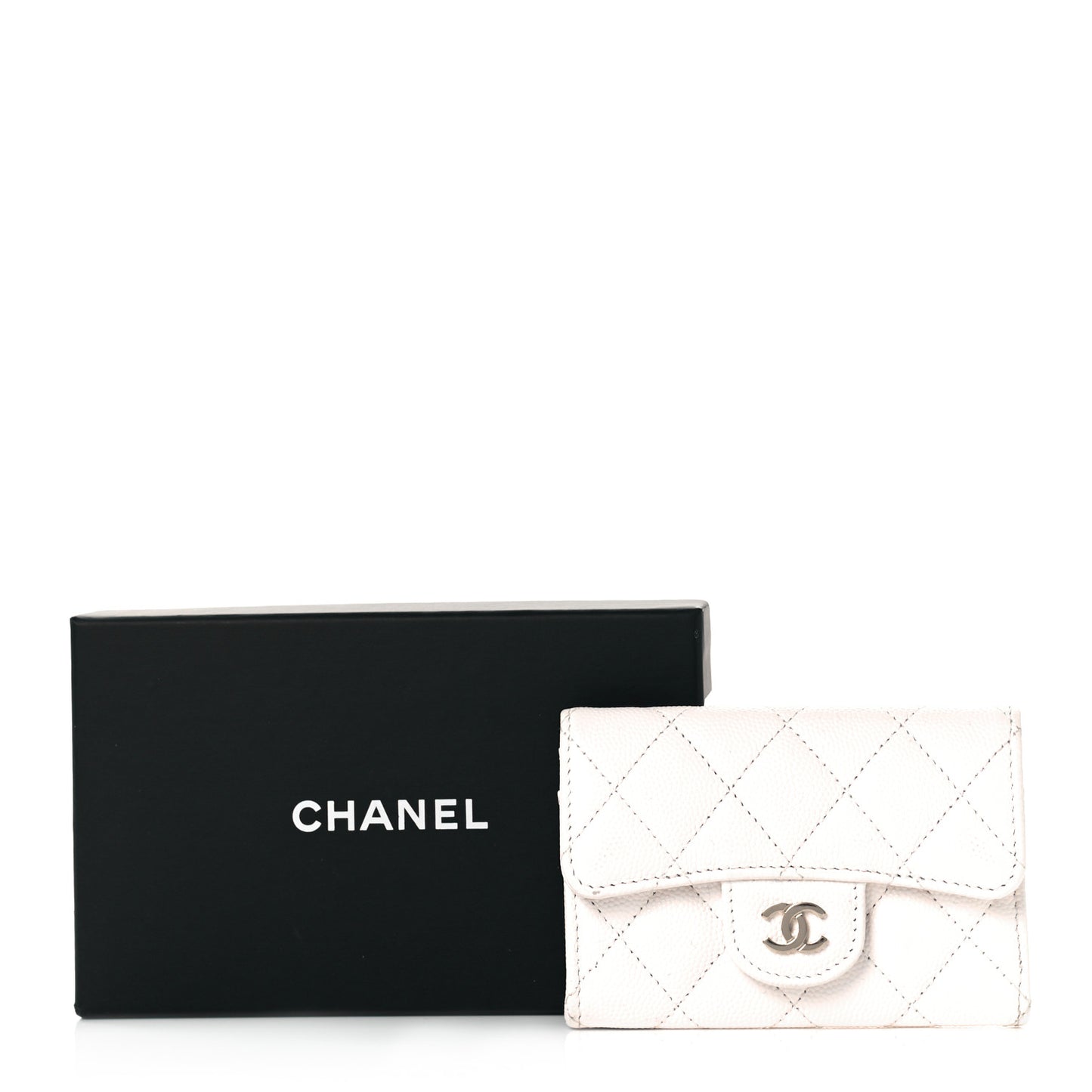 Caviar Quilted Flap Card Holder Wallet White