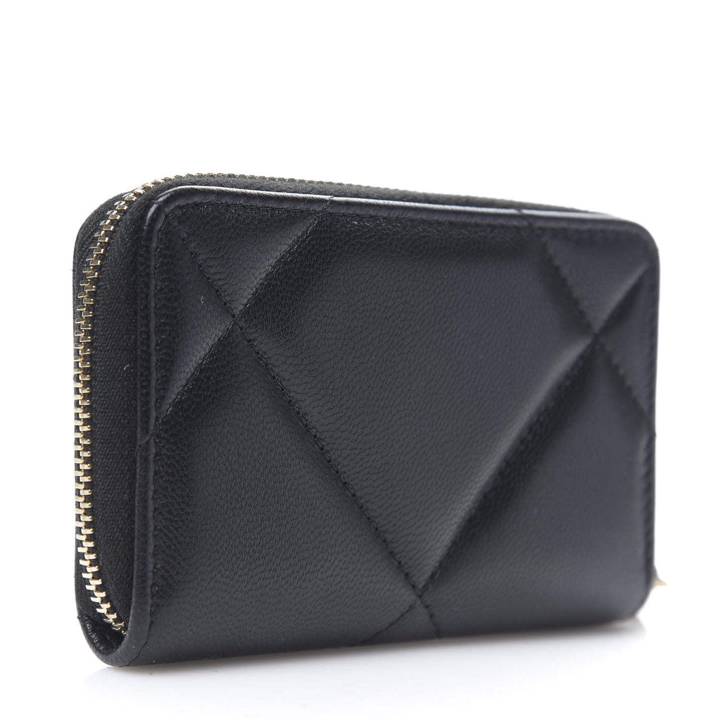 Shiny Goatskin Quilted Chanel 19 Zip Around Coin Purse Wallet Black