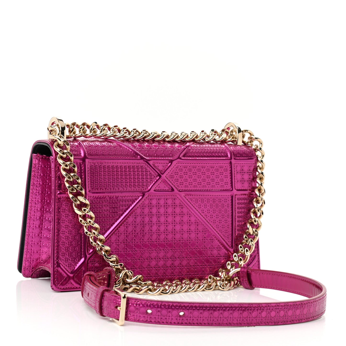 Metallic Patent Micro-Cannage Small Diorama Flap Bag Fuchsia