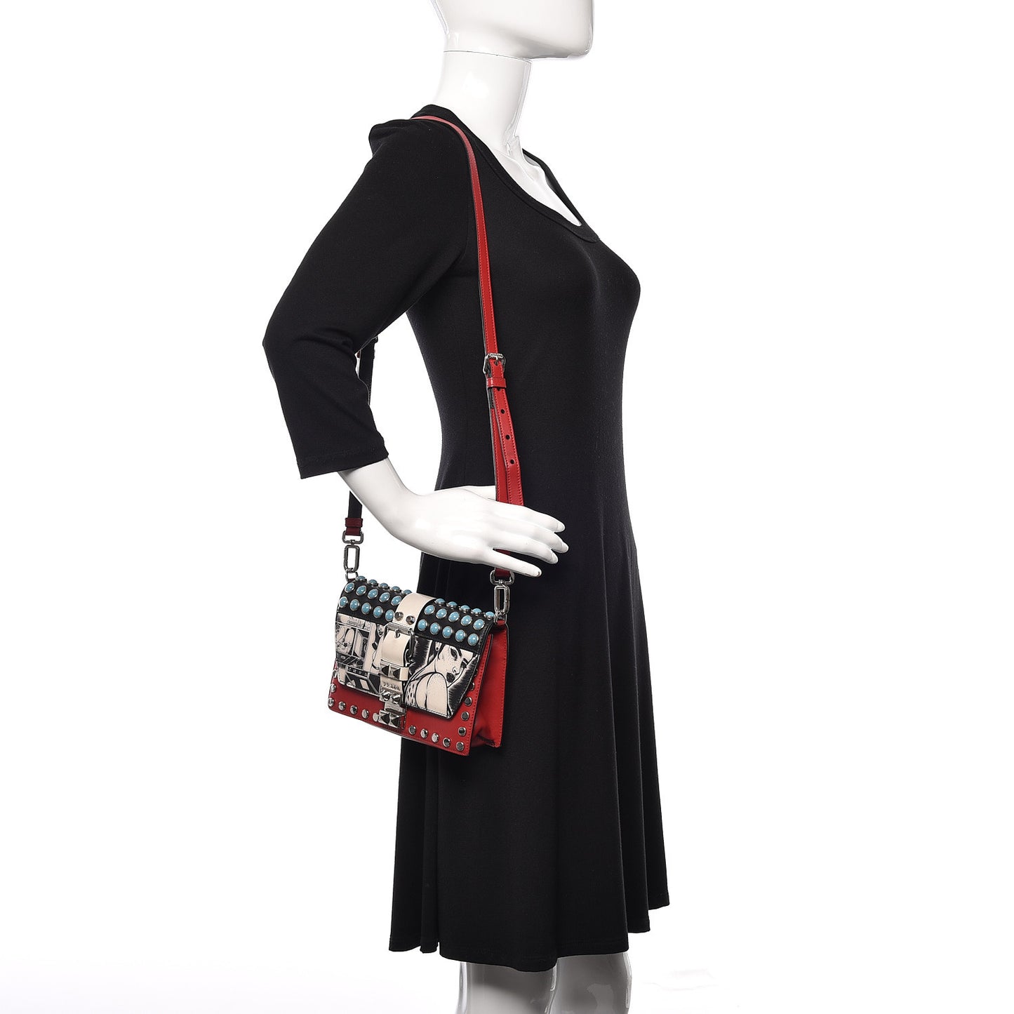 City Calfskin Comic Print Studded Elektra Shoulder Bag Fuoco Black