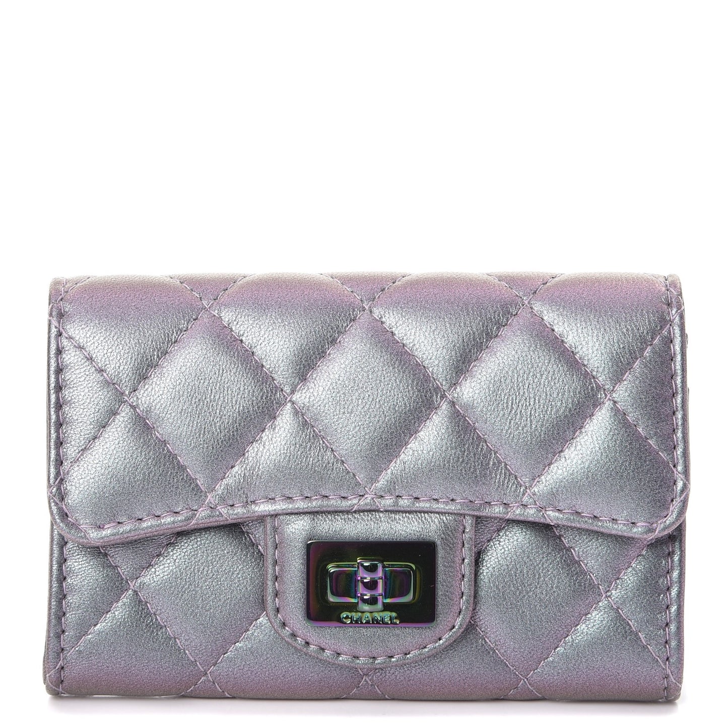Iridescent Lambskin Quilted Reissue Flap Card Holder Light Purple