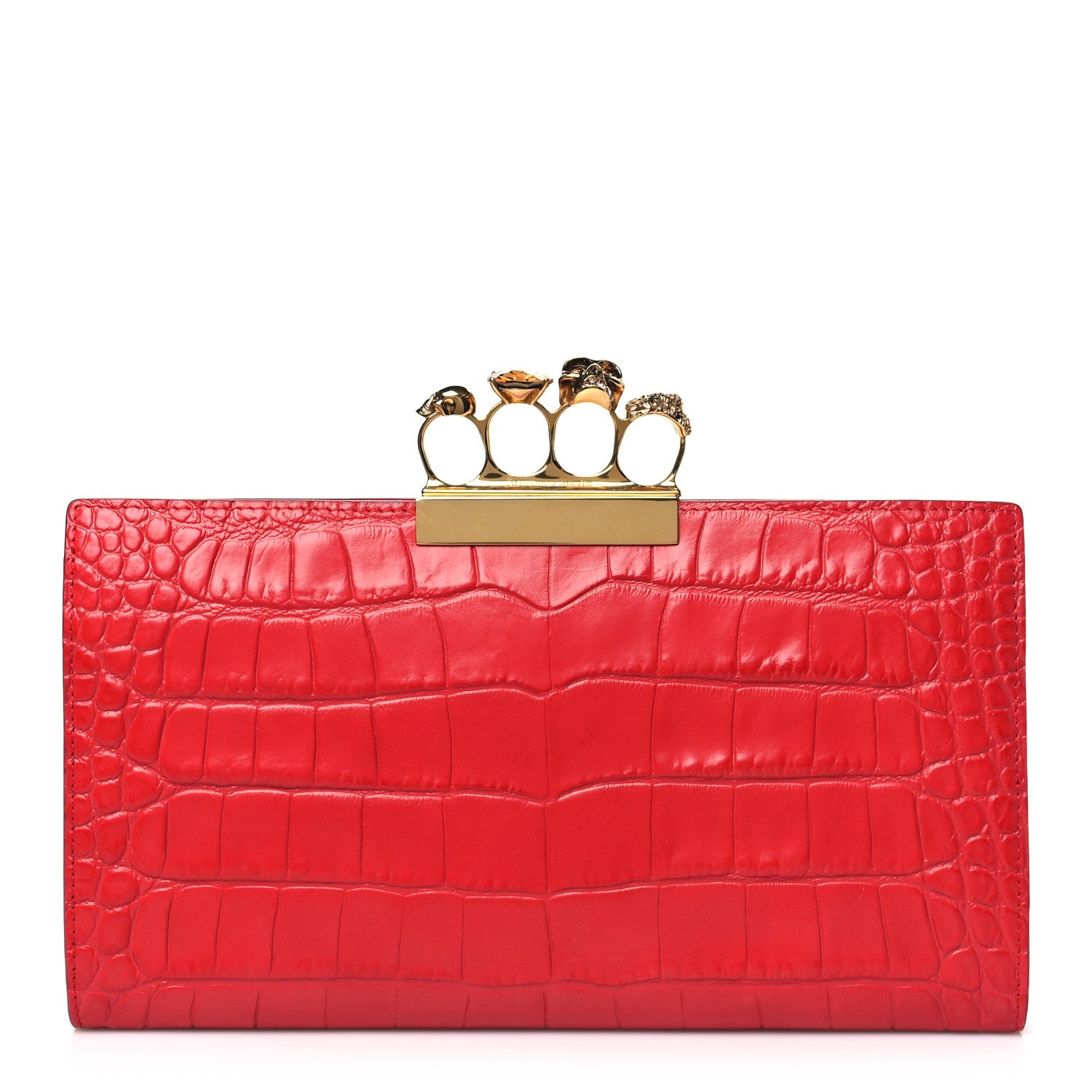 Alexander McQueen Calfskin Crocodile Embossed Knuckle Flat Clutch Red 1 of 9