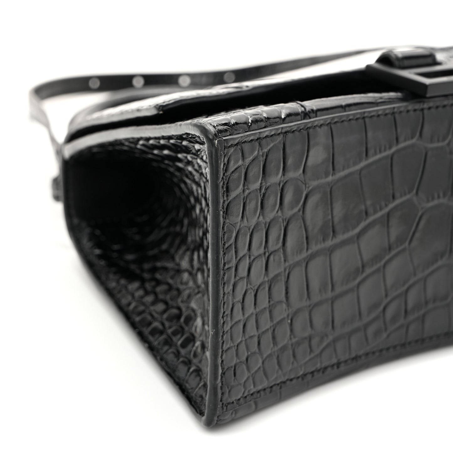 Shiny Calfskin Monochrome Crocodile Embossed Small Hourglass Top Handle Bag Black