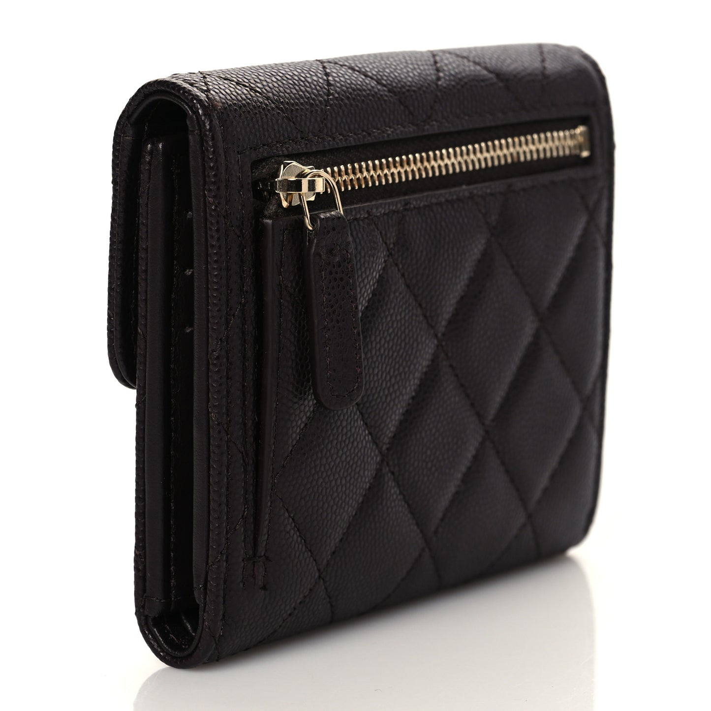 Caviar Quilted Compact Flap Wallet Dark Brown