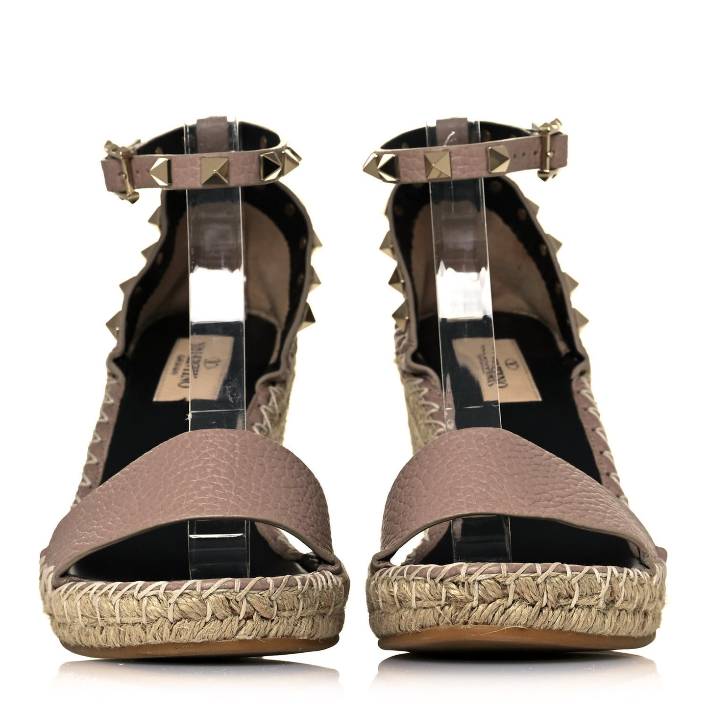 Grained Calfskin Rockstud Ankle Strap Espadrille 15/105mm Wedge Sandals 35 Poudre Natural