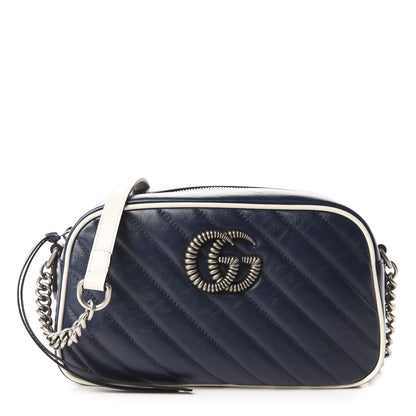 Gucci Vintage Effect Calfskin Matelasse Diagonal Small Torchon GG Marmont Chain Shoulder Bag Blue Agata Mystic White 1 of 11