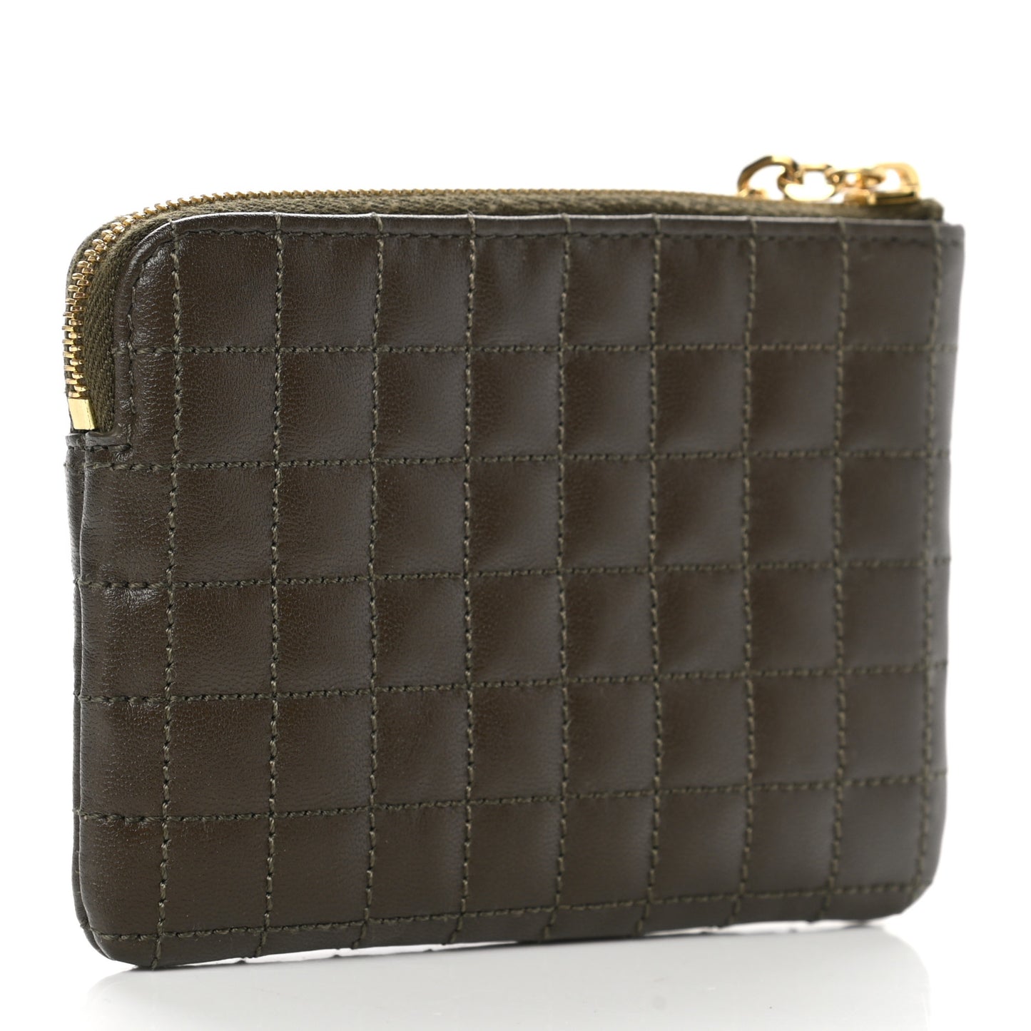 Calfskin Quilted C Charm Coin Card Pouch Khaki