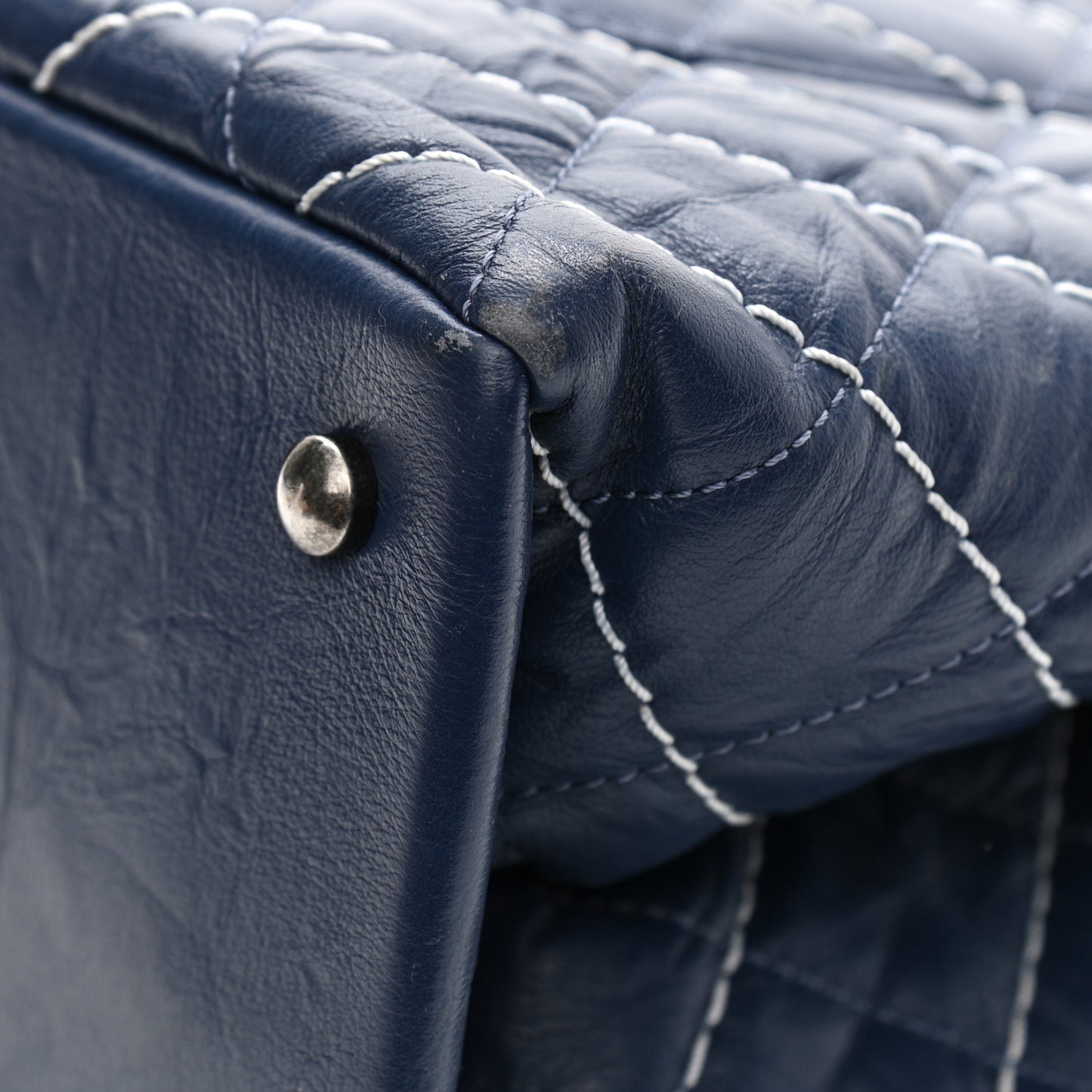 Calfskin Chevron Stitched Shopping Tote Navy