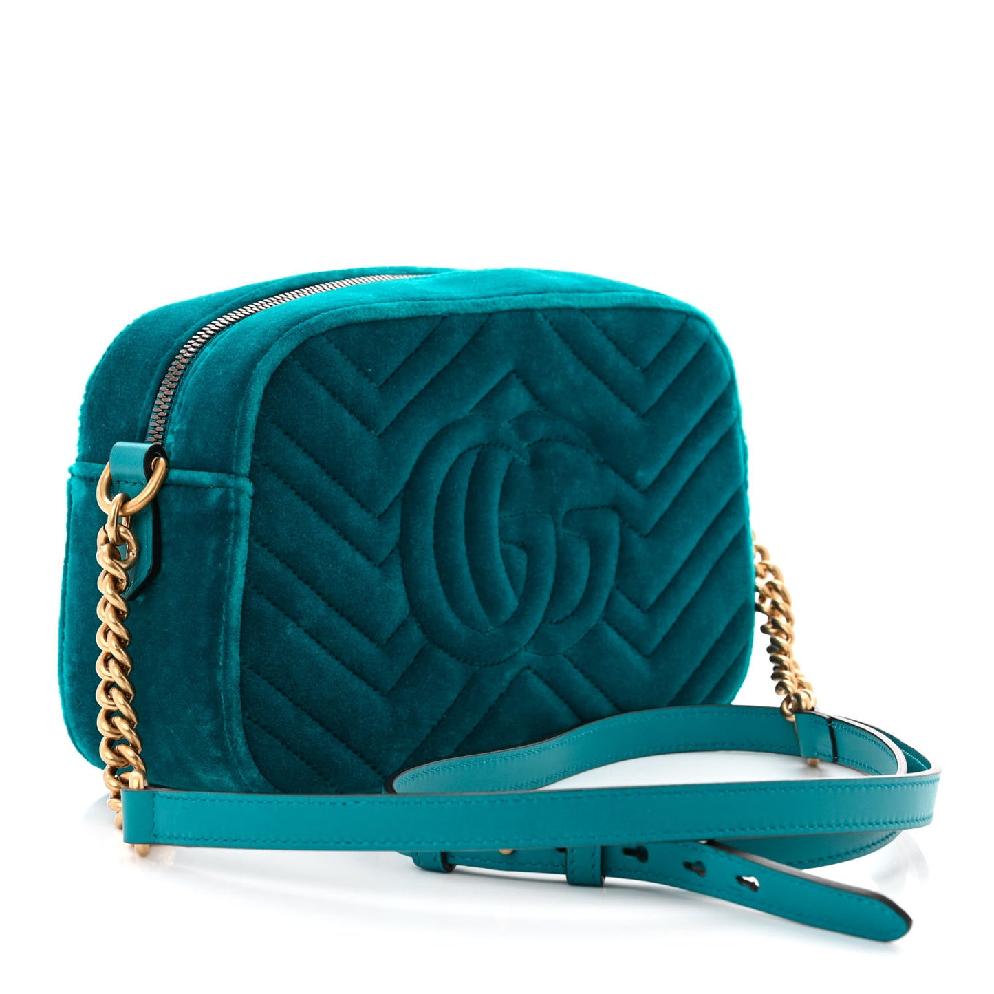 Velvet Matelasse Small GG Marmont Chain Shoulder Bag Pavone Cyan
