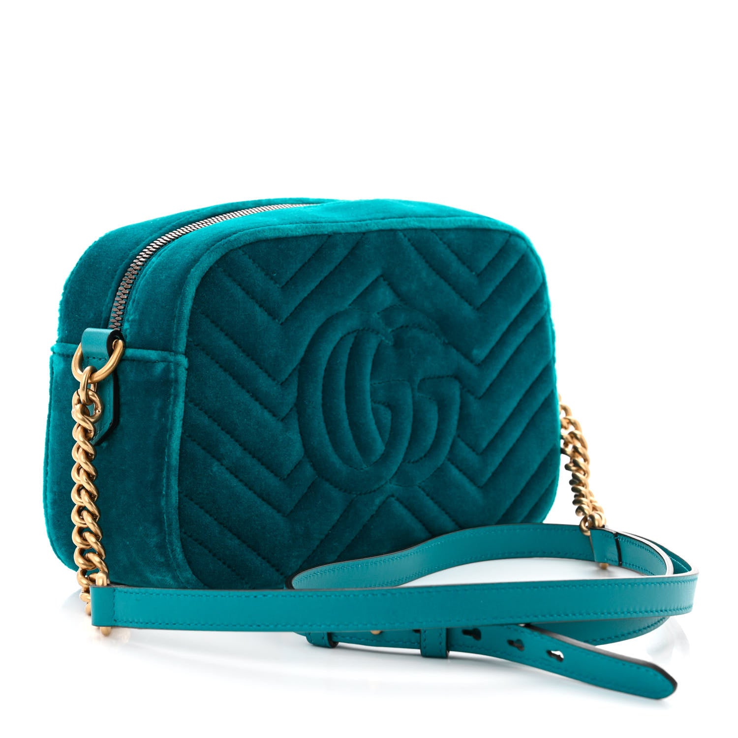Gucci Velvet Matelasse Small GG Marmont Chain Shoulder Bag Pavone Cyan 3 of 10
