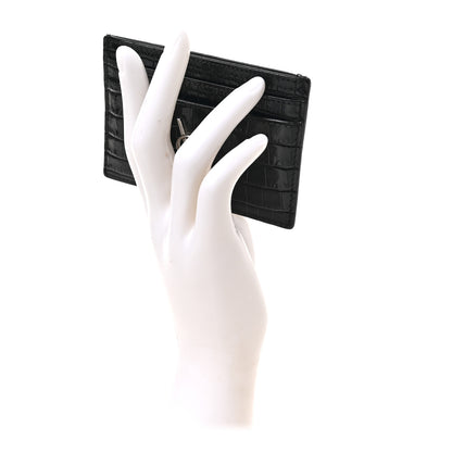 Saint Laurent Calfskin Crocodile Embossed Monogram Credit Card Case Black 2 of 6