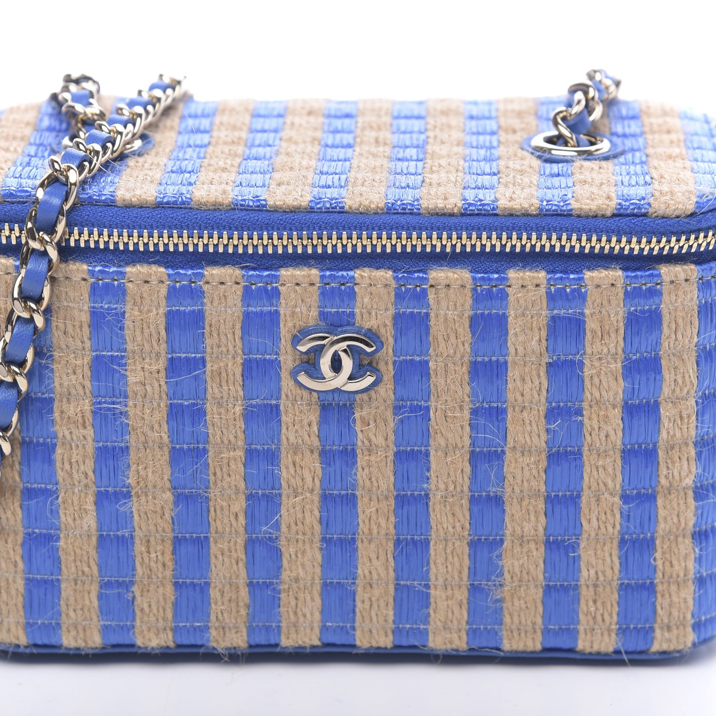 Raffia Jute Striped Small Vanity Case With Chain Blue Beige