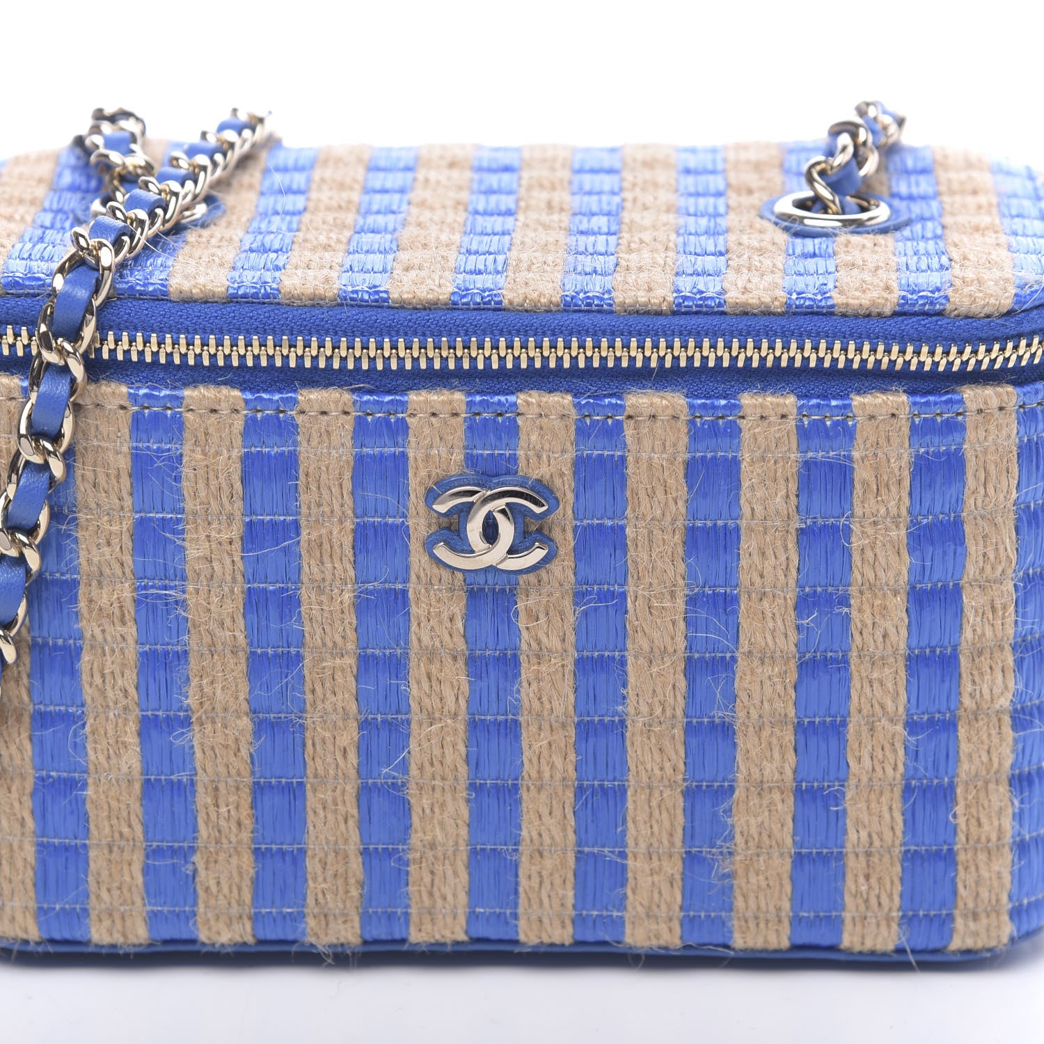 Chanel Raffia Jute Striped Small Vanity Case With Chain Blue Beige 10 of 10