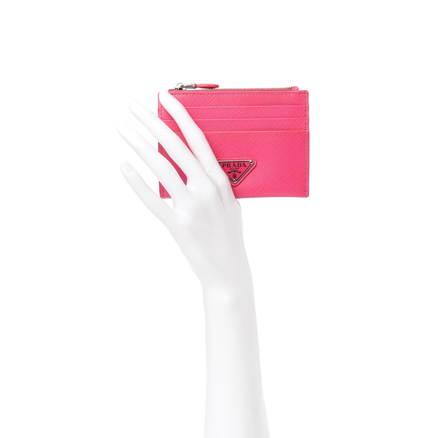 Prada Saffiano Metal Zip Card Holder Neon Pink 2 of 8