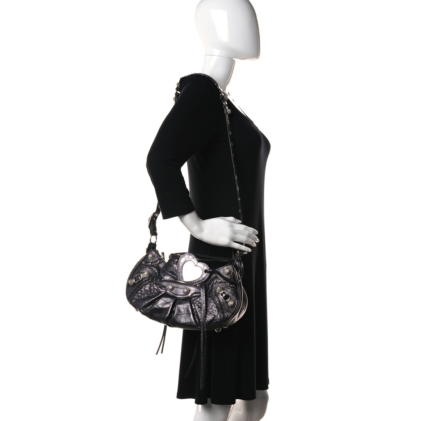 Metallic Calfskin Crocodile Embossed Crystal Small Le Cagole Shoulder Bag Gunmetal