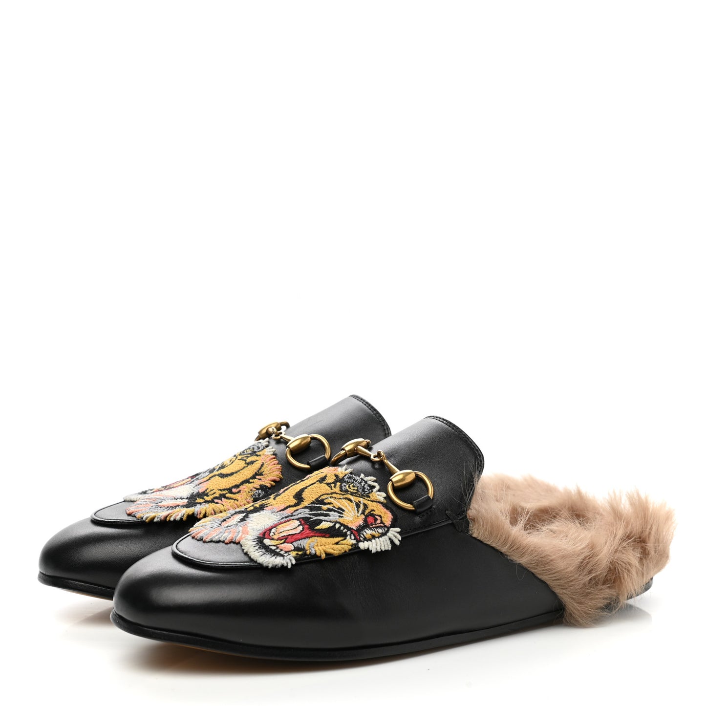 Calfskin Fur Tiger Embroidered Womens Princetown Slippers 37.5 Black