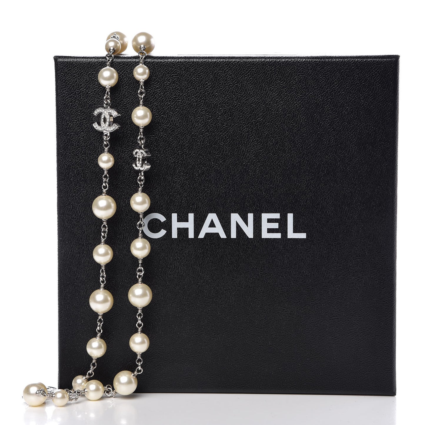 Crystal Pearl CC Long Necklace Silver