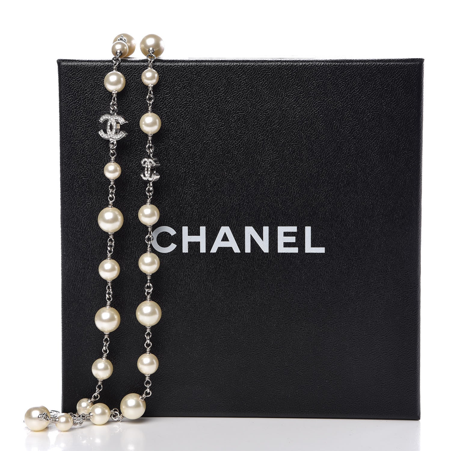 Chanel Crystal Pearl CC Long Necklace Silver 6 of 6