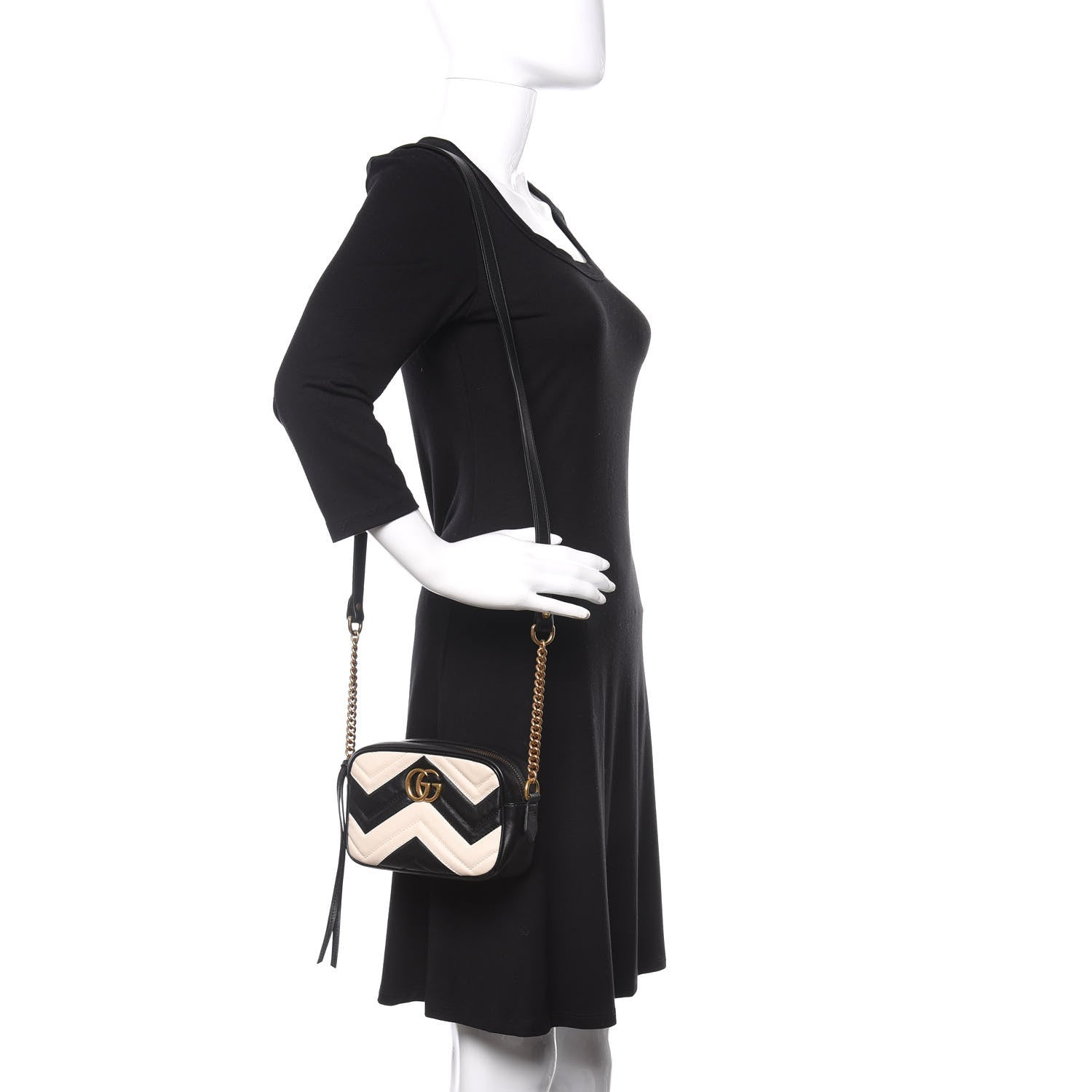 Gucci Calfskin Matelasse Mini GG Marmont Chain Shoulder Bag Black White 2 of 9