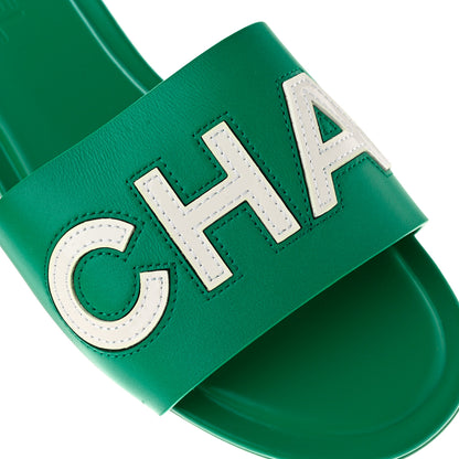 Chanel Calfskin Patent Calfskin Logo Mules 40 Green White 10 of 11