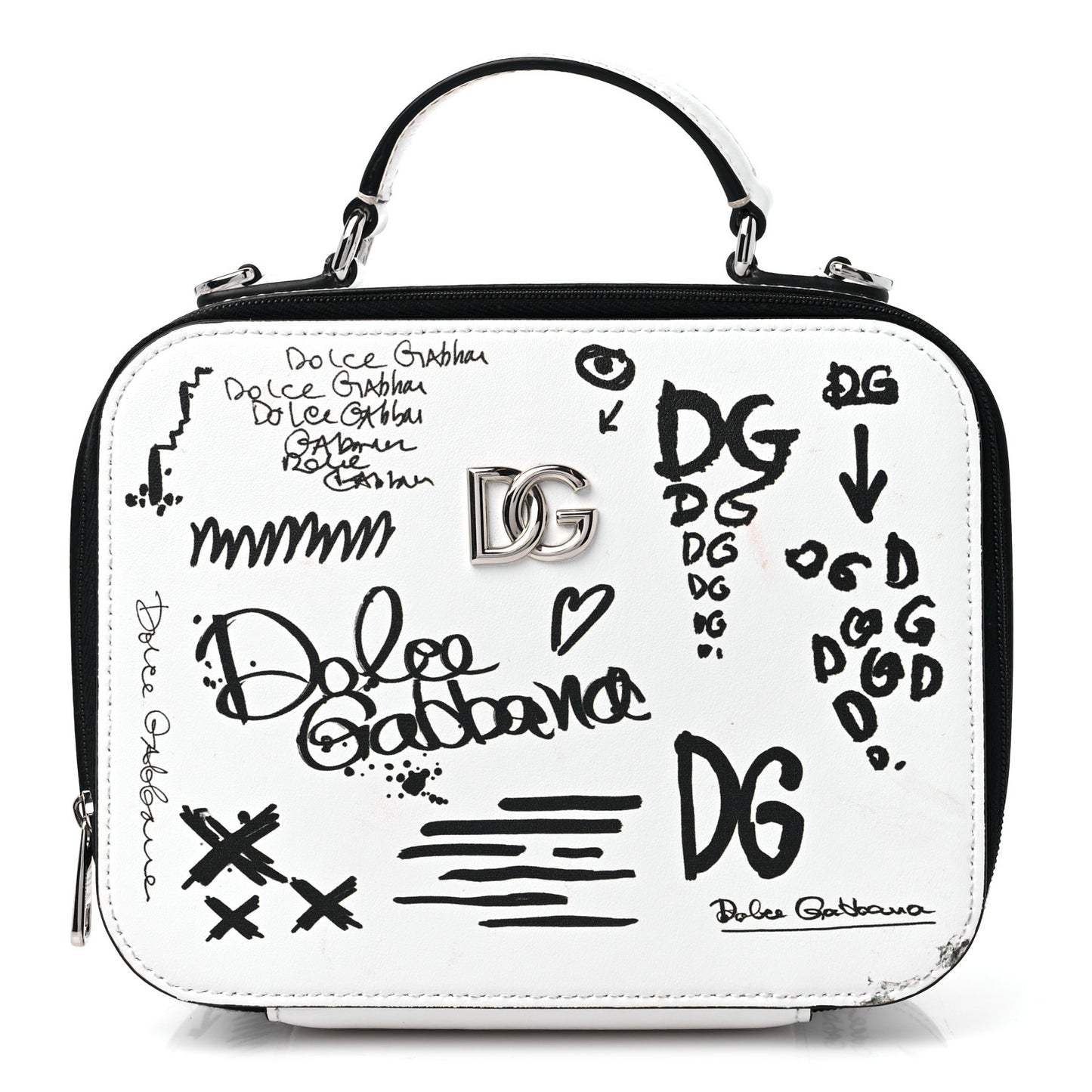 DOLCE & GABBANA Calfskin DG Graffiti Print Top Handle Bag White Black