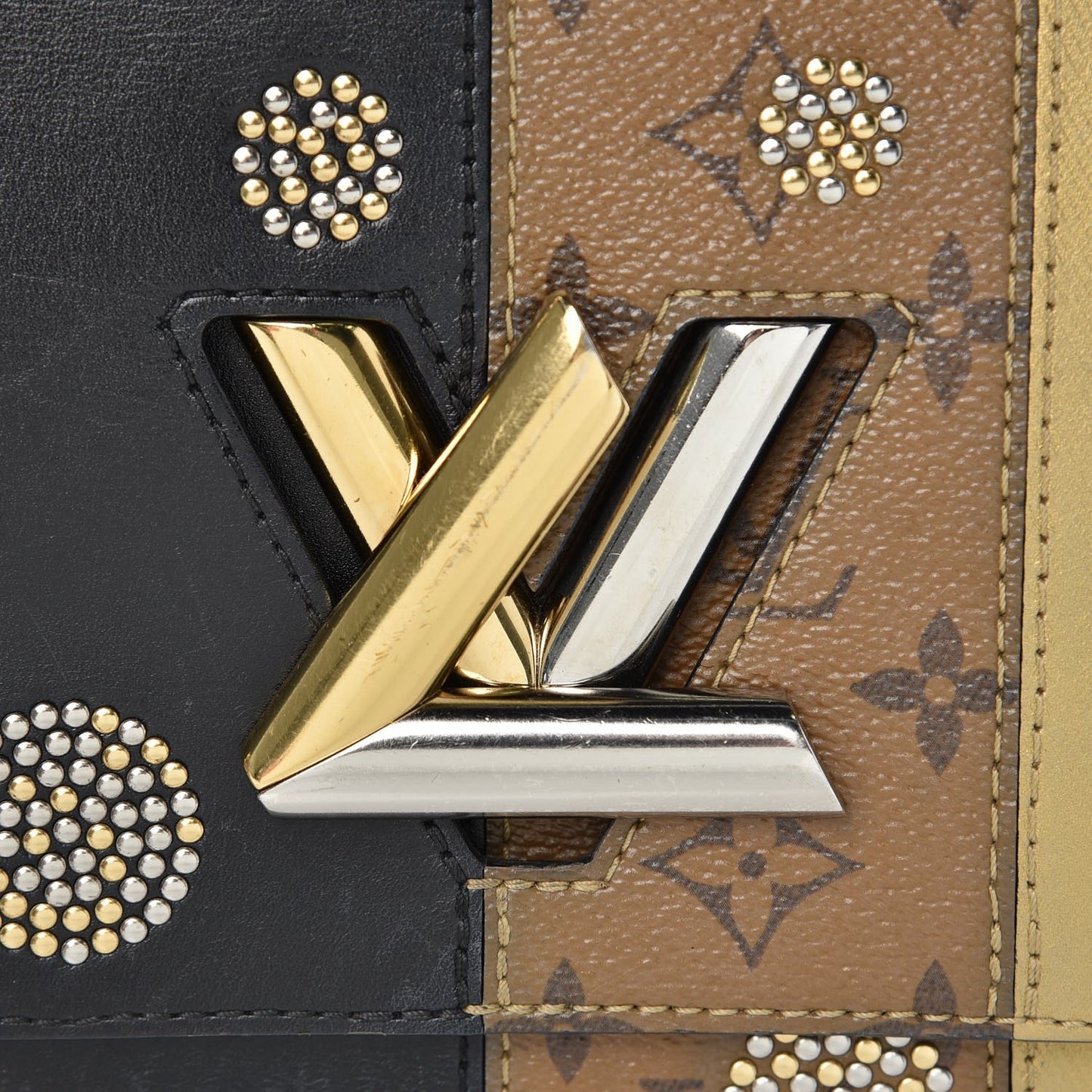 Calfskin Reverse Monogram Studded Twist Shoulder Bag MM Black Gold