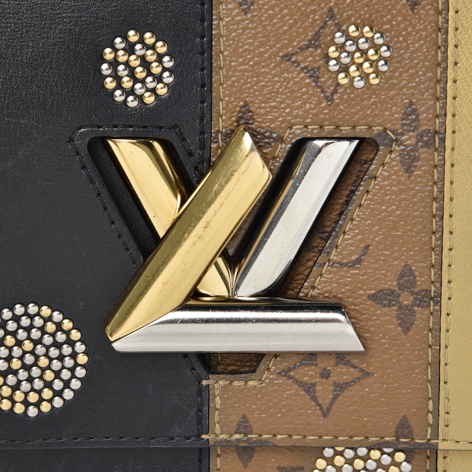Louis Vuitton Calfskin Reverse Monogram Studded Twist Shoulder Bag MM Black Gold 8 of 13
