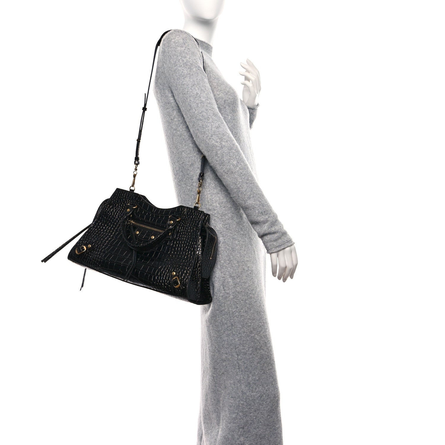 Balenciaga Shiny Supple Calfskin Crocodile Embossed Brass Hardware Neo Classic City Black 2 of 8