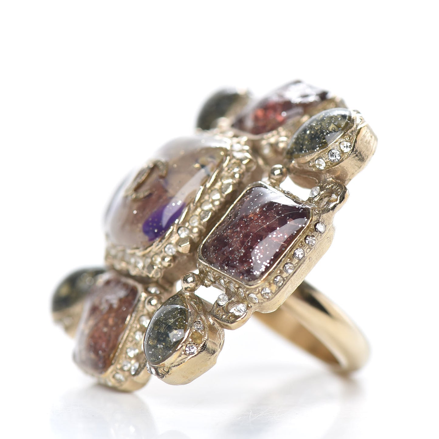 Gripoix Glitter Poured Glass CC Ring 6 Gold Multicolor