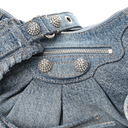 Balenciaga Washed Frayed Denim Crystal Small Le Cagole Shoulder Bag Blue 7 of 9