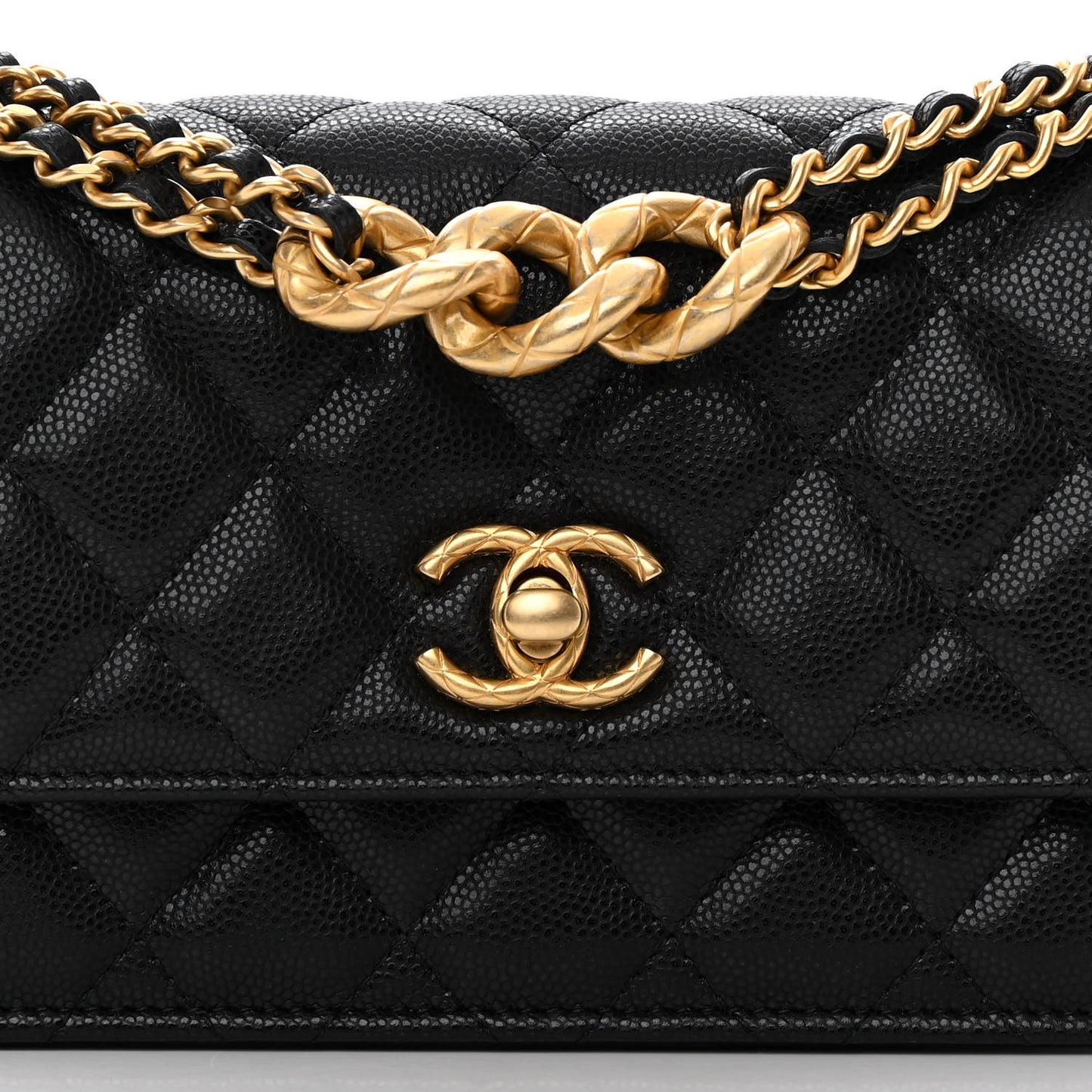 Caviar Quilted Chain Link Clutch With Chain Black