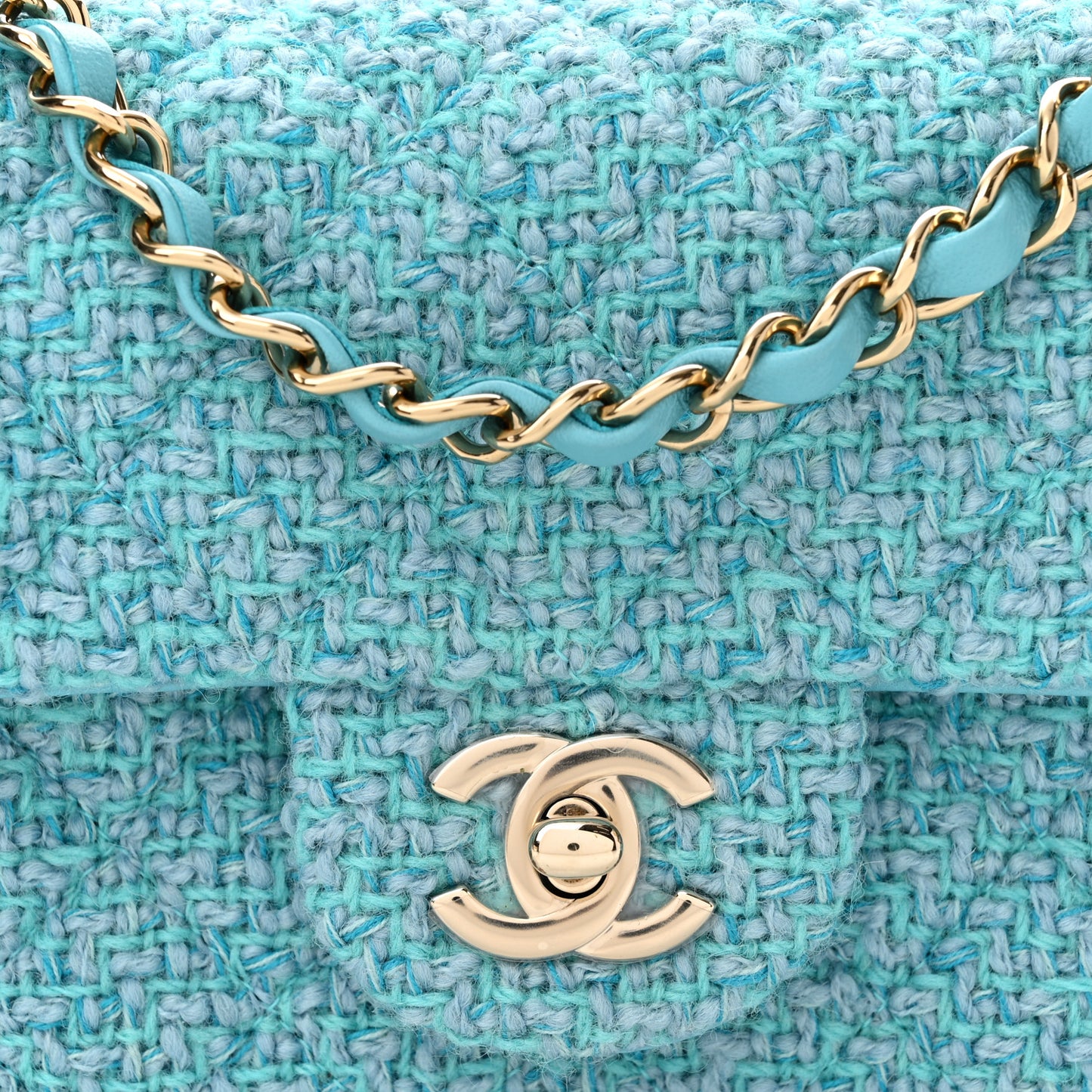 Wool Tweed Quilted Mini Rectangular Flap Turquoise Light Blue