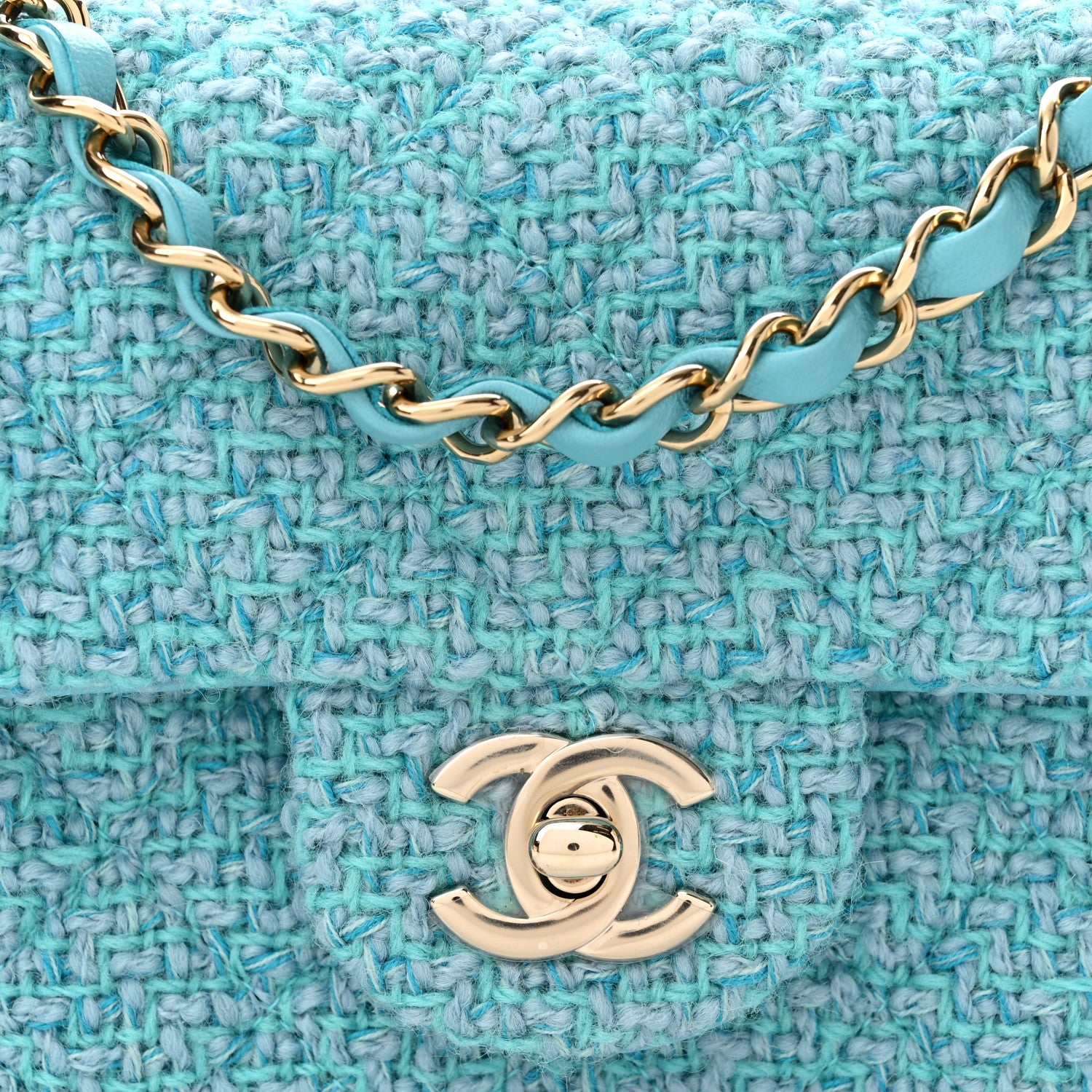 Chanel Wool Tweed Quilted Mini Rectangular Flap Turquoise Light Blue 8 of 11