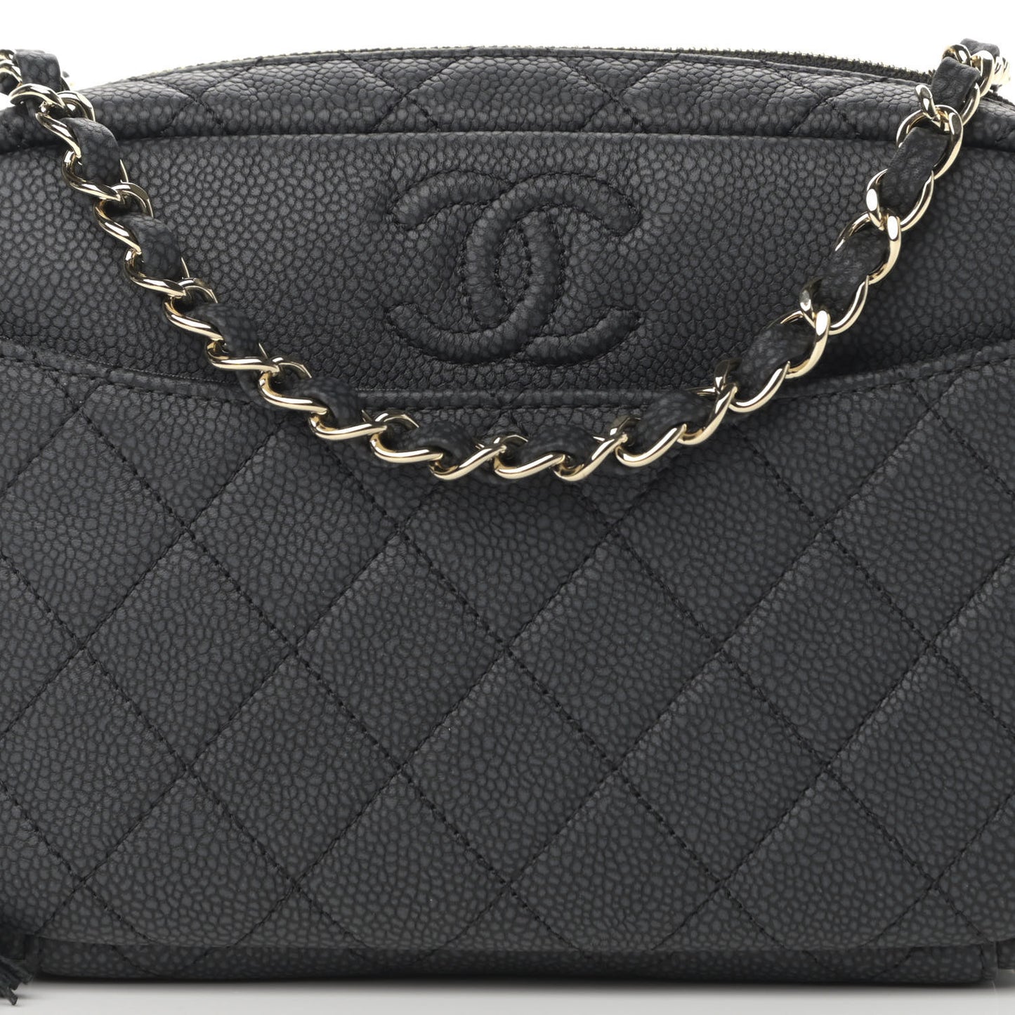 Iridescent Caviar Quilted Small Coco Tassel Camera Case Black