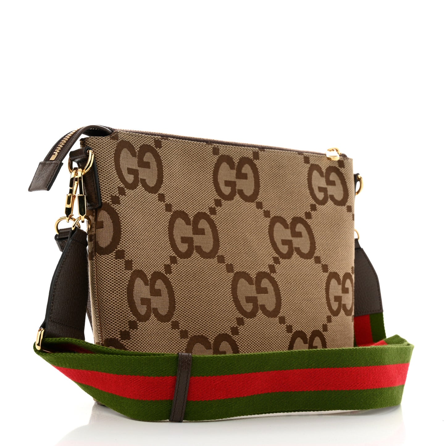 Monogram Jumbo GG Textured Dollar Calfskin Web Wristlet Messenger Bag Camel Ebony New Acero