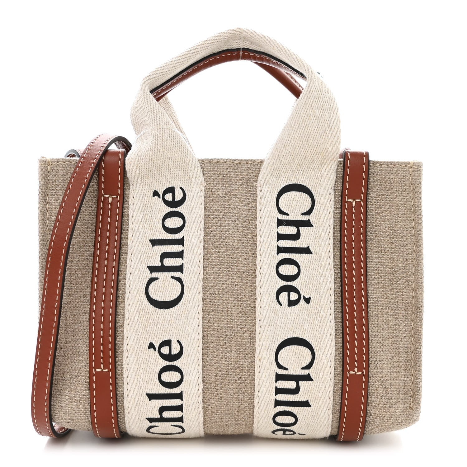 Chloe Cotton Calfskin Mini Woody Ribbon Tote White Brown 1 of 11