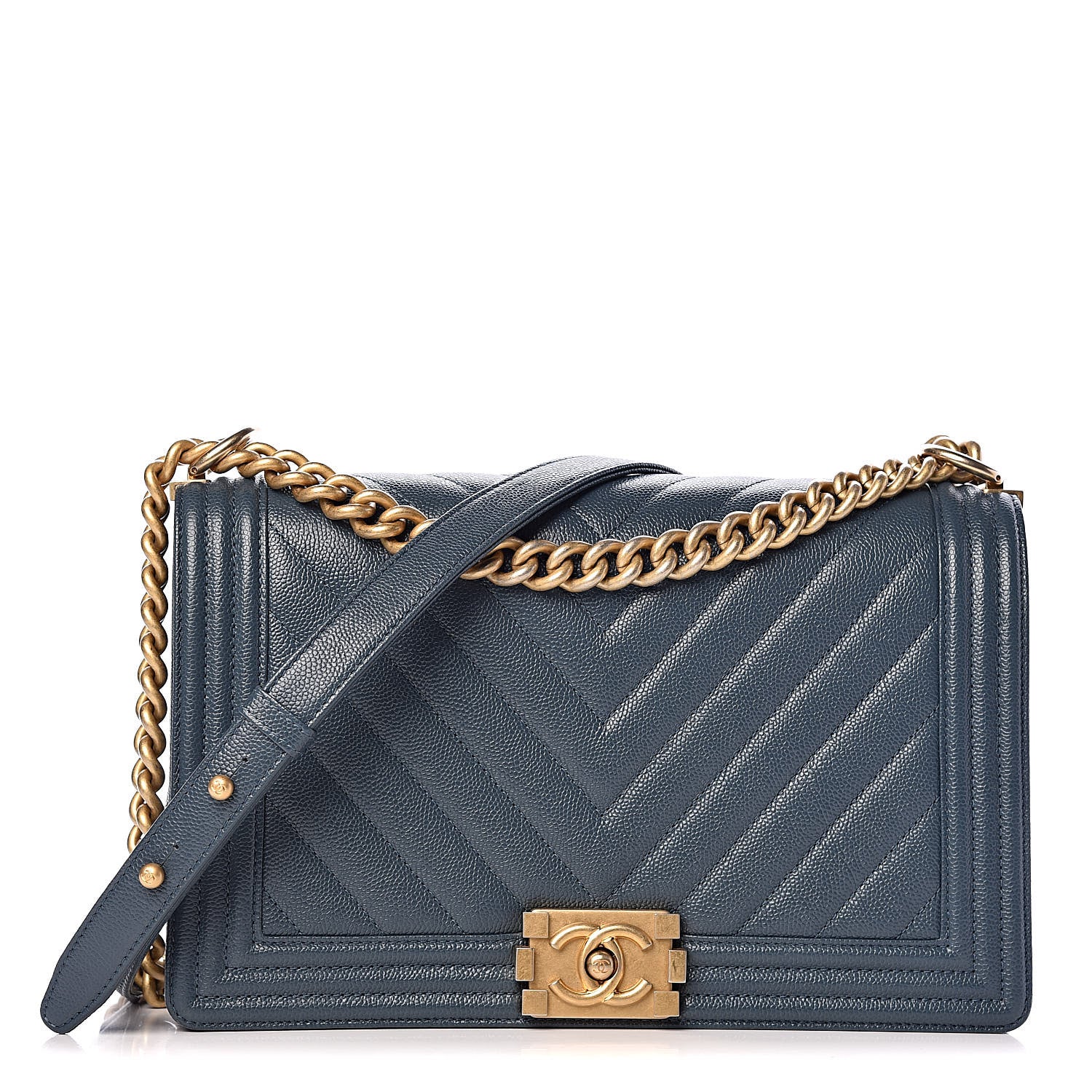 Chanel Caviar Chevron Quilted New Medium Boy Flap Blue 1 of 12