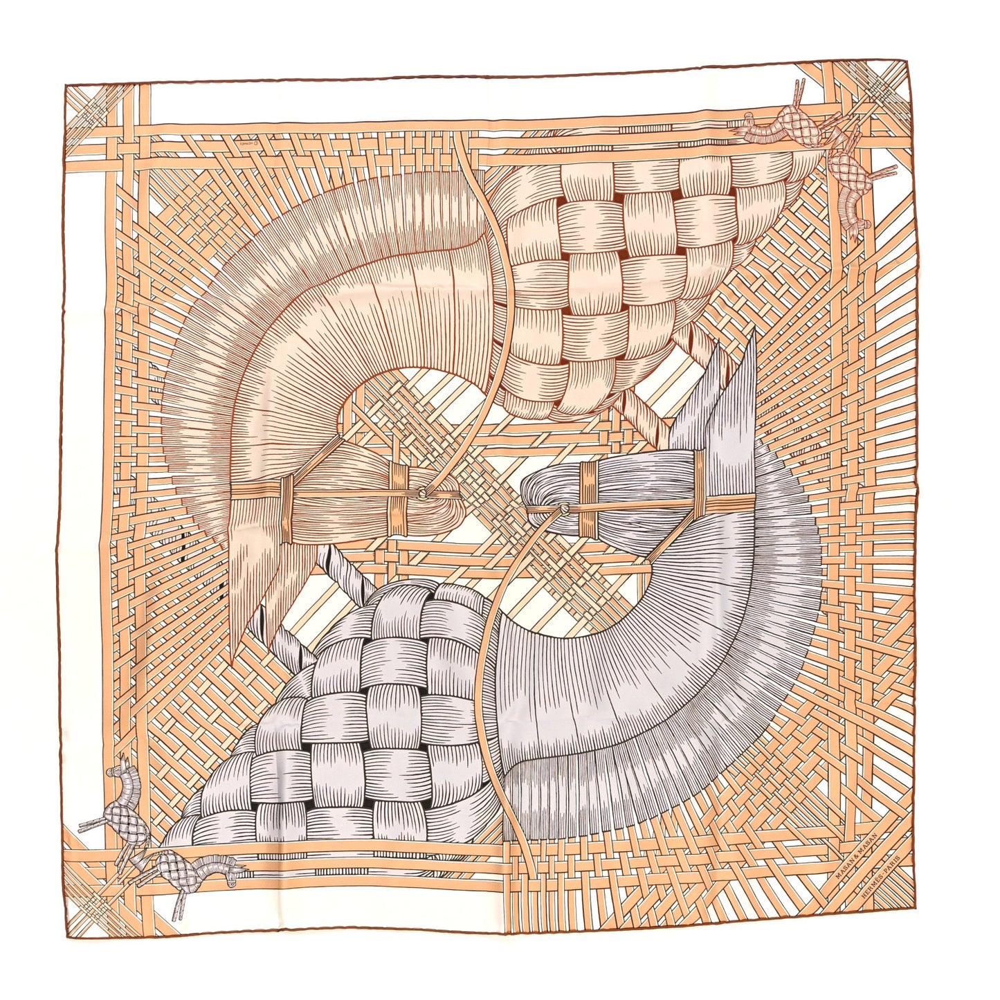 Silk Masan & Masan Scarf 90 White Beige Gris