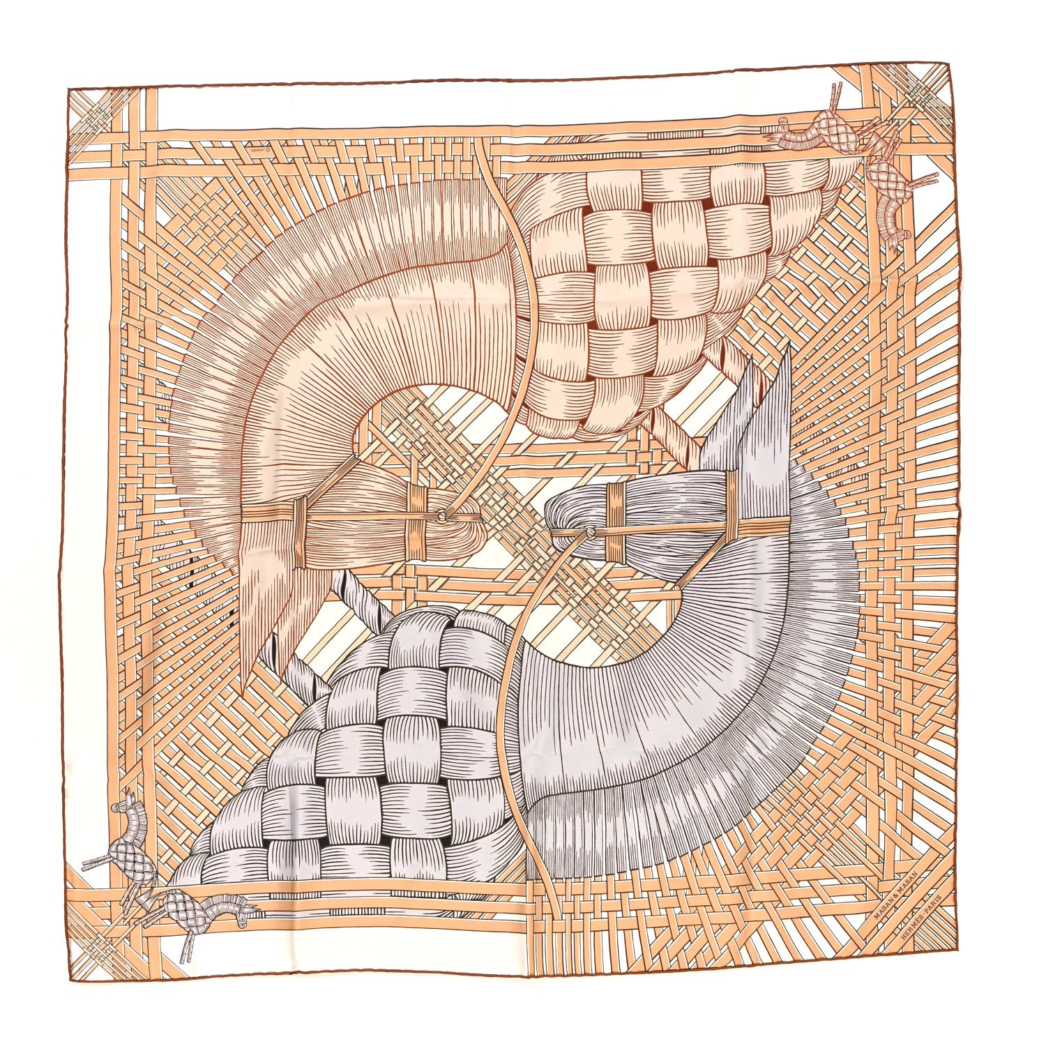 Hermes Silk Masan & Masan Scarf 90 White Beige Gris 1 of 4