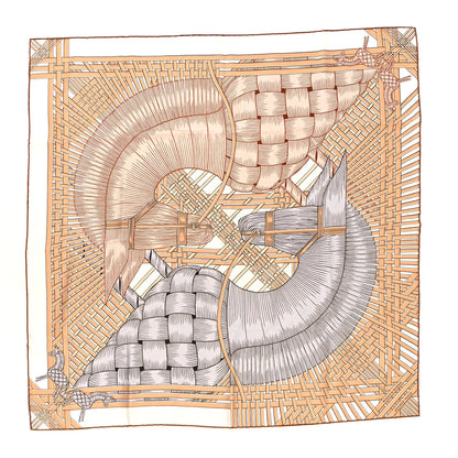 Hermes Silk Masan & Masan Scarf 90 White Beige Gris 1 of 4