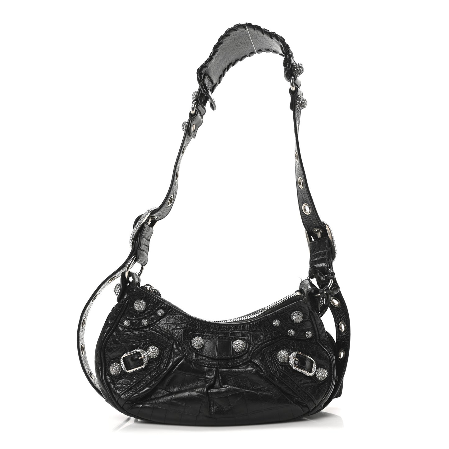 Extra Supple Calfskin Crystal Crocodile Embossed Le Cagole Shoulder Bag XS Black