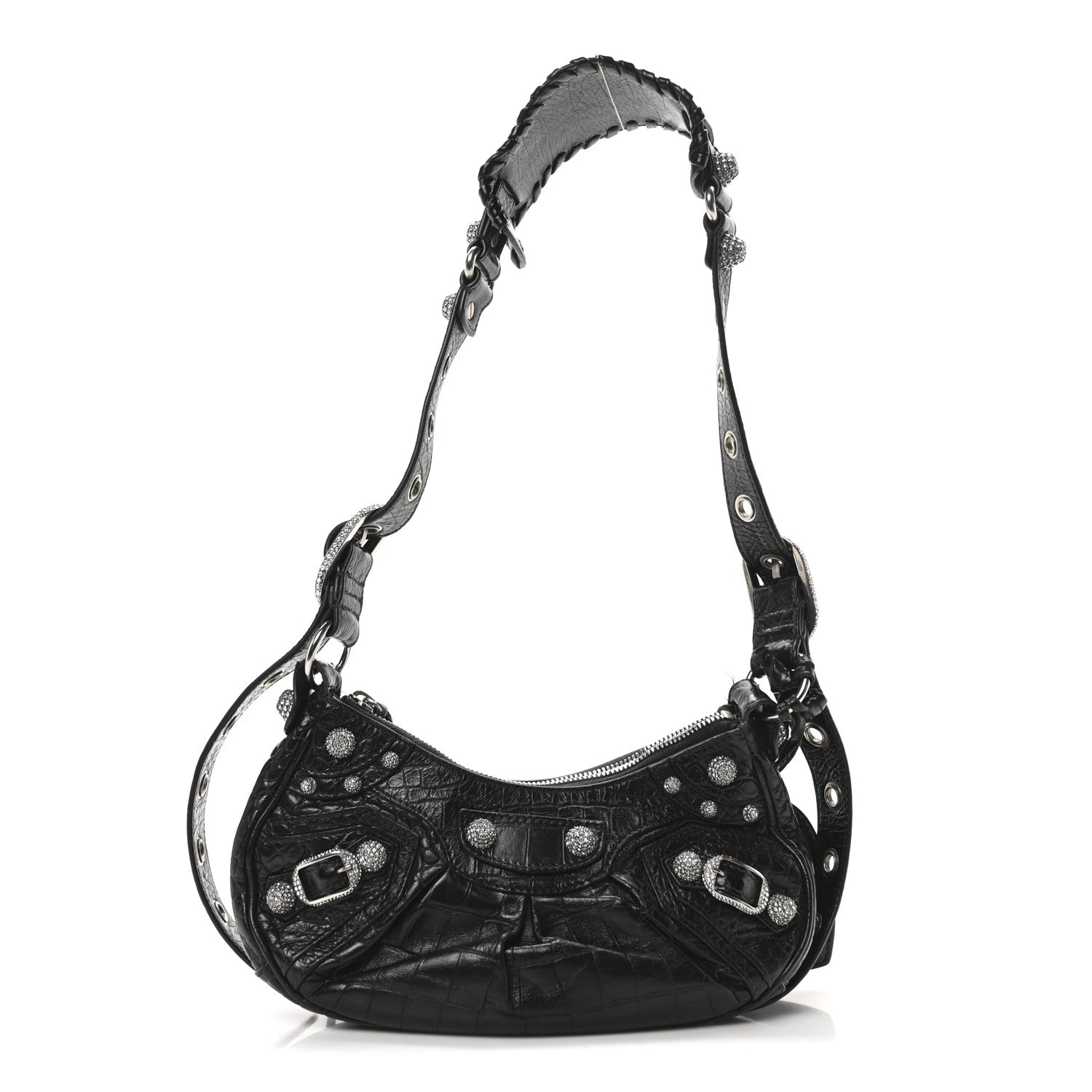 Balenciaga Extra Supple Calfskin Crystal Crocodile Embossed Le Cagole Shoulder Bag XS Black 1 of 11