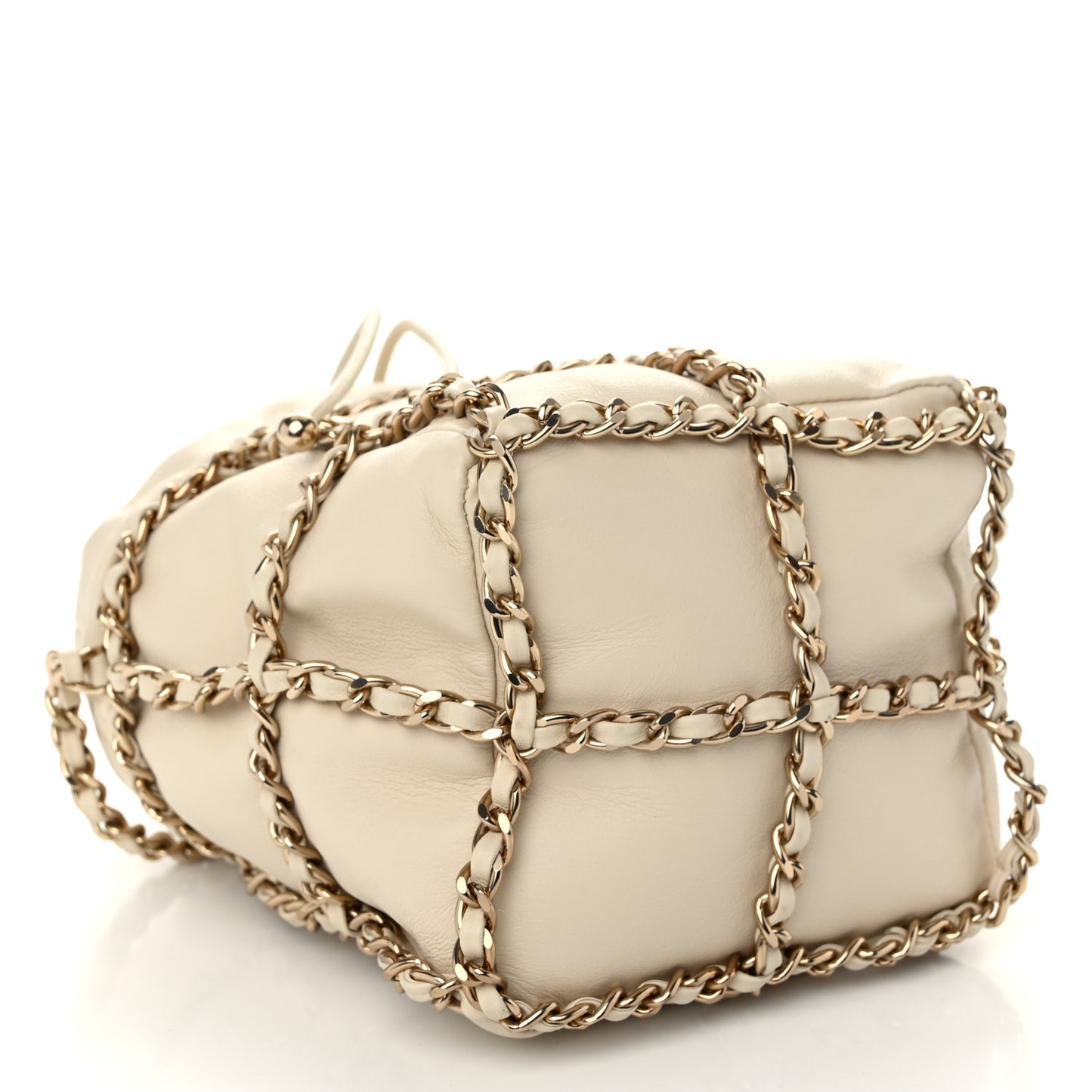 Lambskin Bucket Chain Drawstring Bag Beige