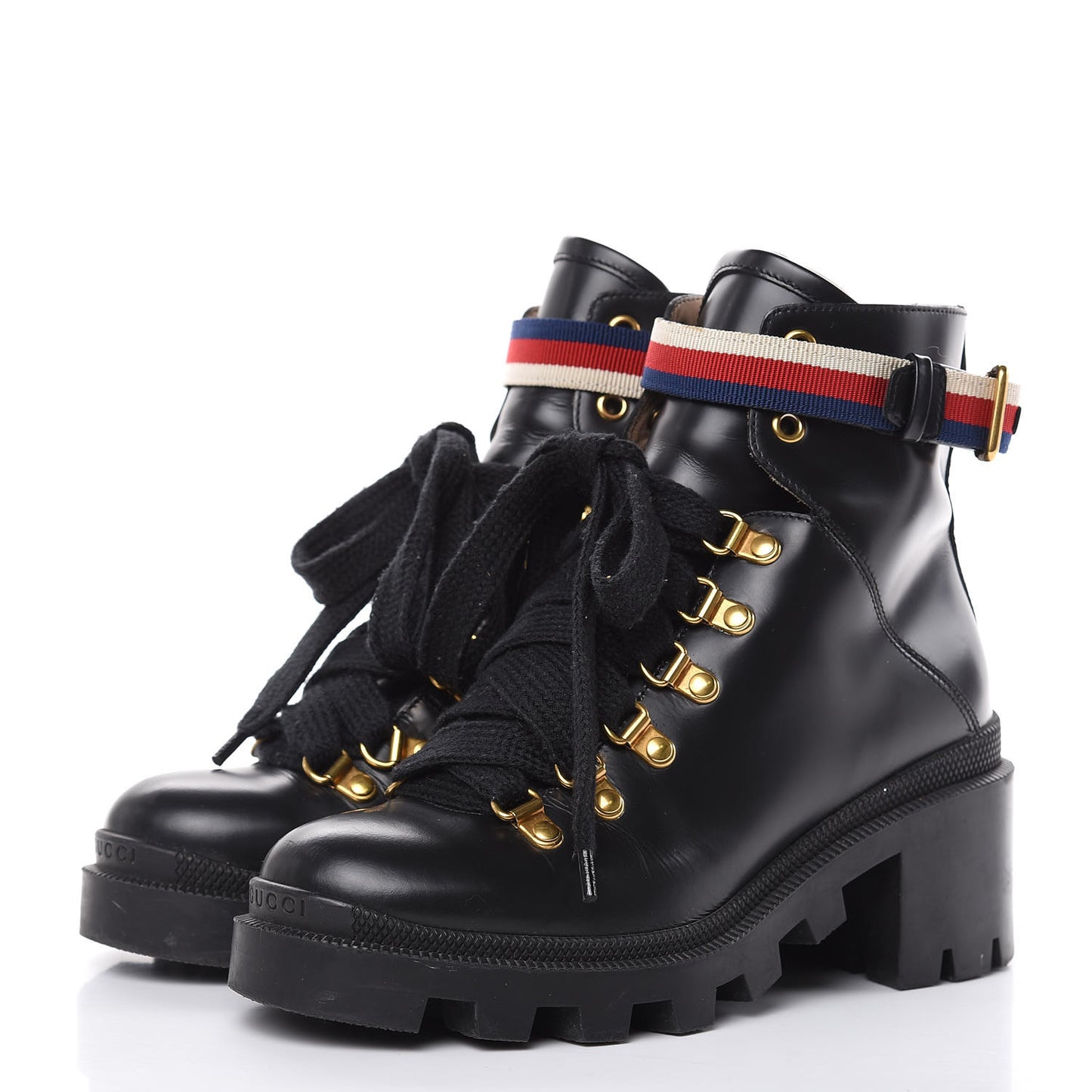 Calfskin Sylvie Web Lace Up Combat Boots Black 35.5 Black