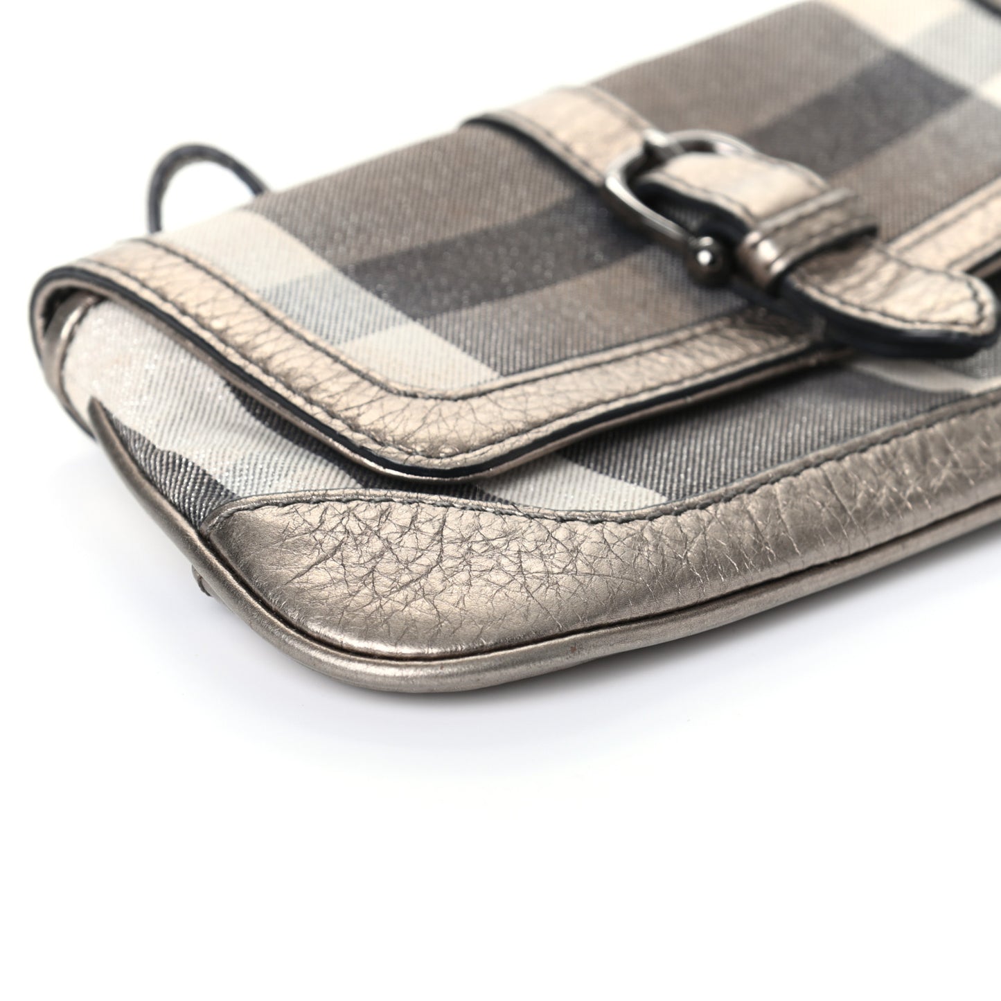 Metallic Calfskin Smoked Check Wristlet Pouch Pewter