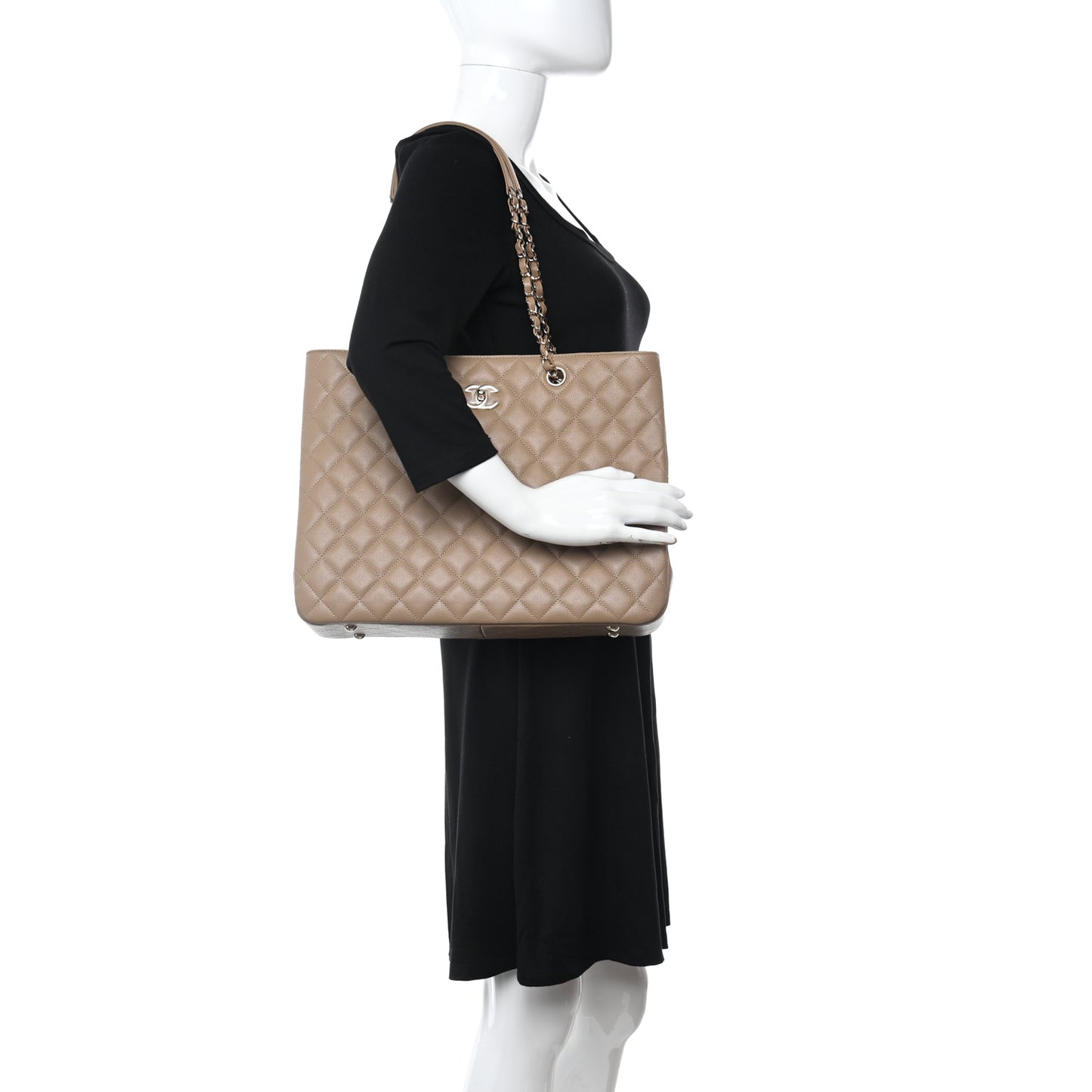 Calfskin Quilted Large Classic Shopping Tote Beige