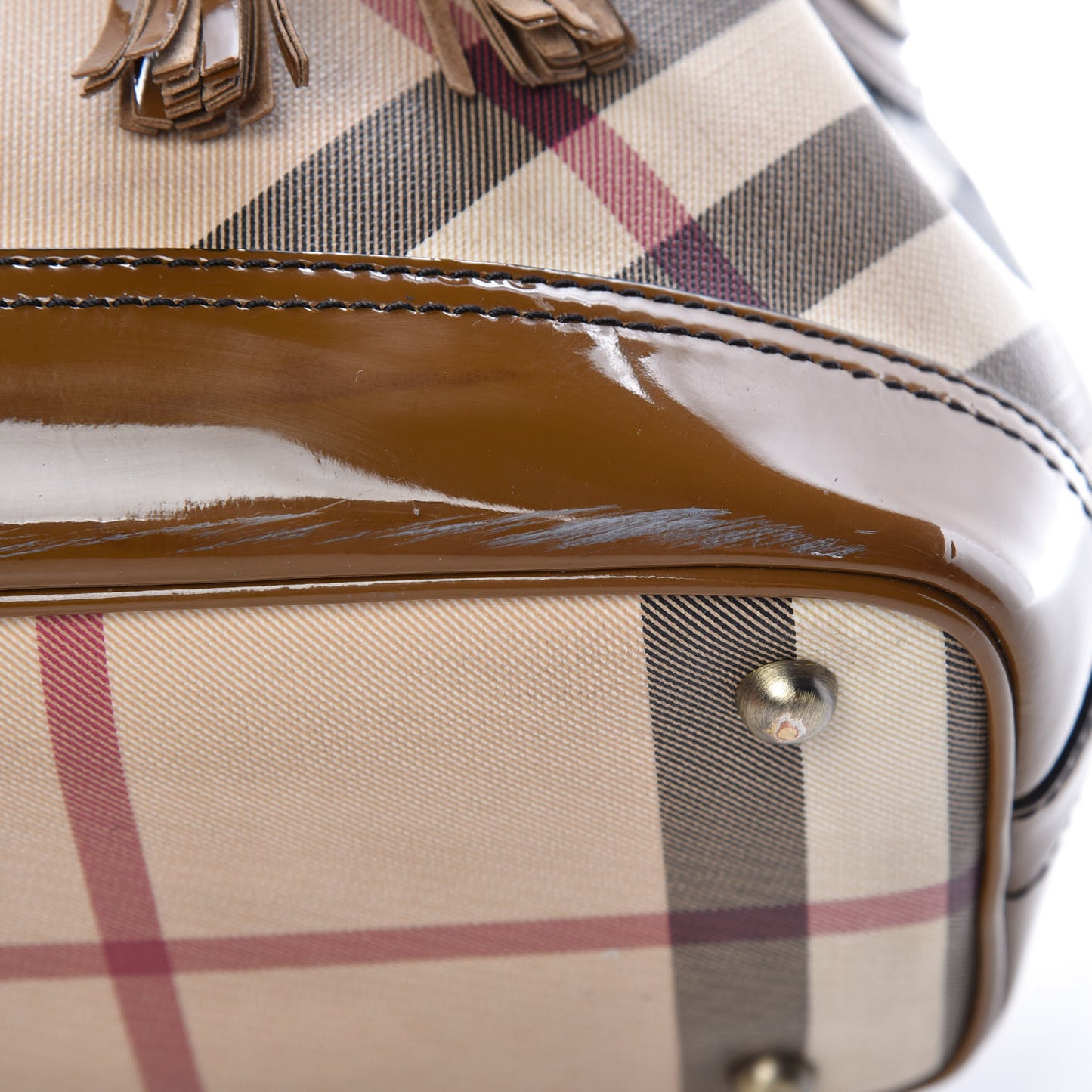 Patent Trim Nova Check Drawstring Bucket Bag Brown