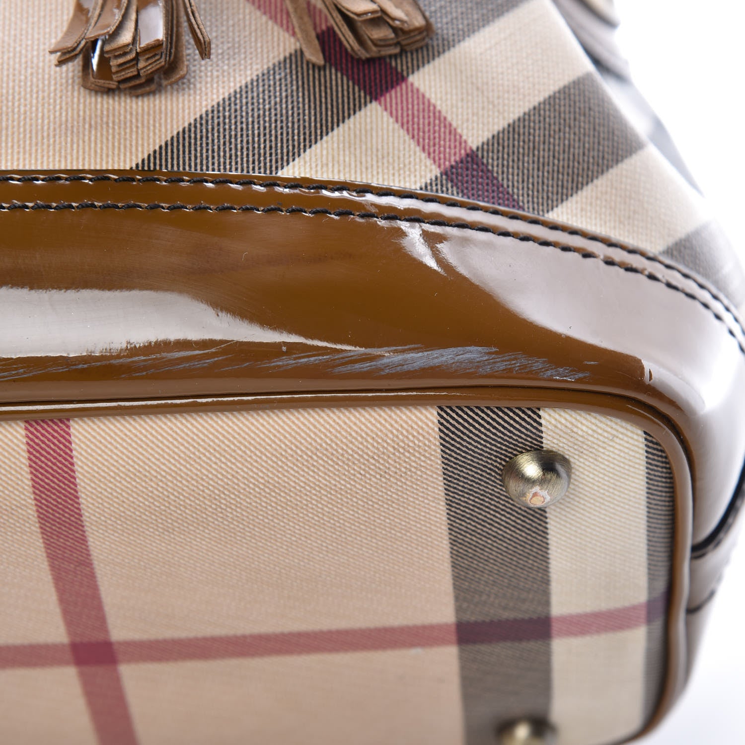 Burberry Patent Trim Nova Check Drawstring Bucket Bag Brown 16 of 23