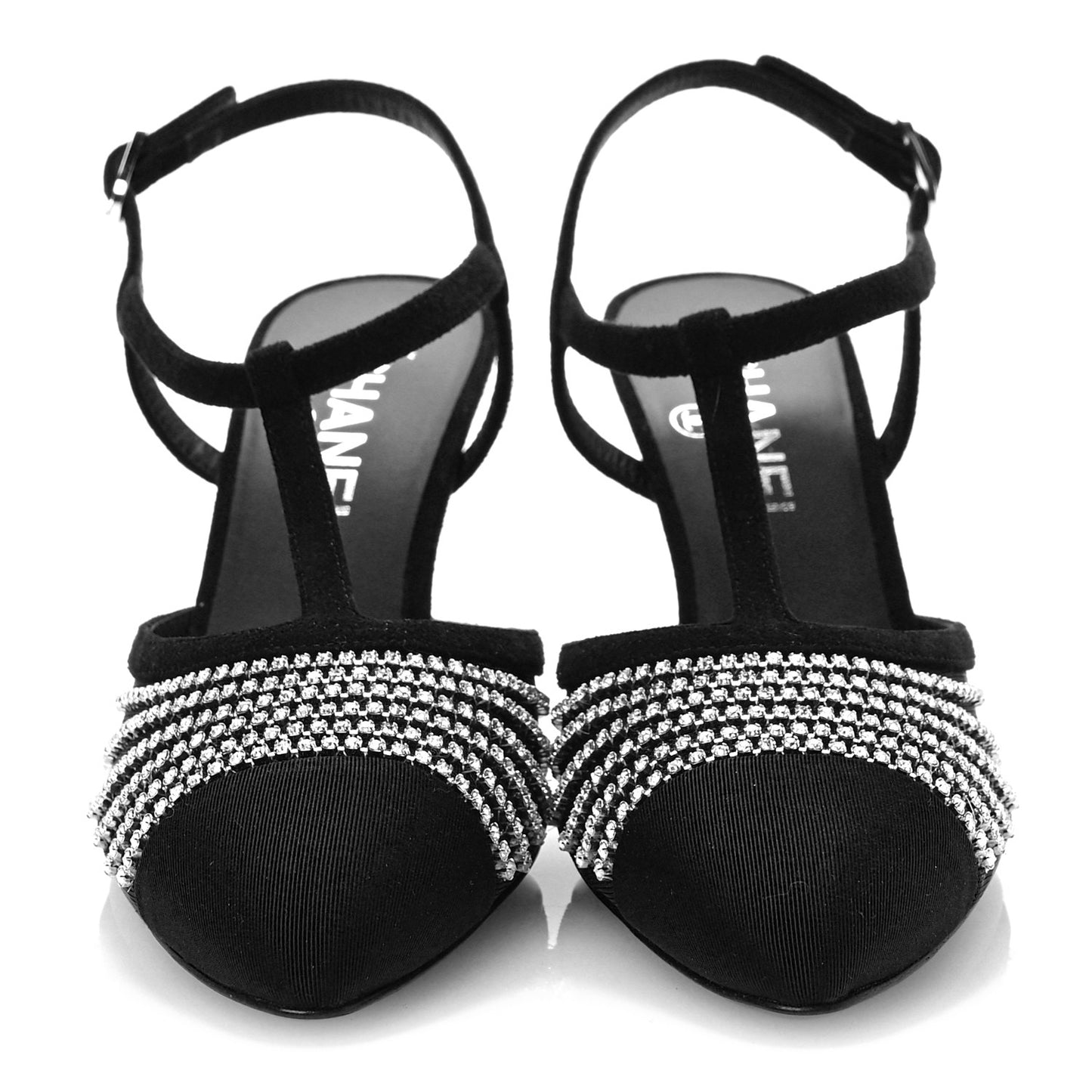 Suede Kidskin Mesh Crystal Sandals 38.5 Black